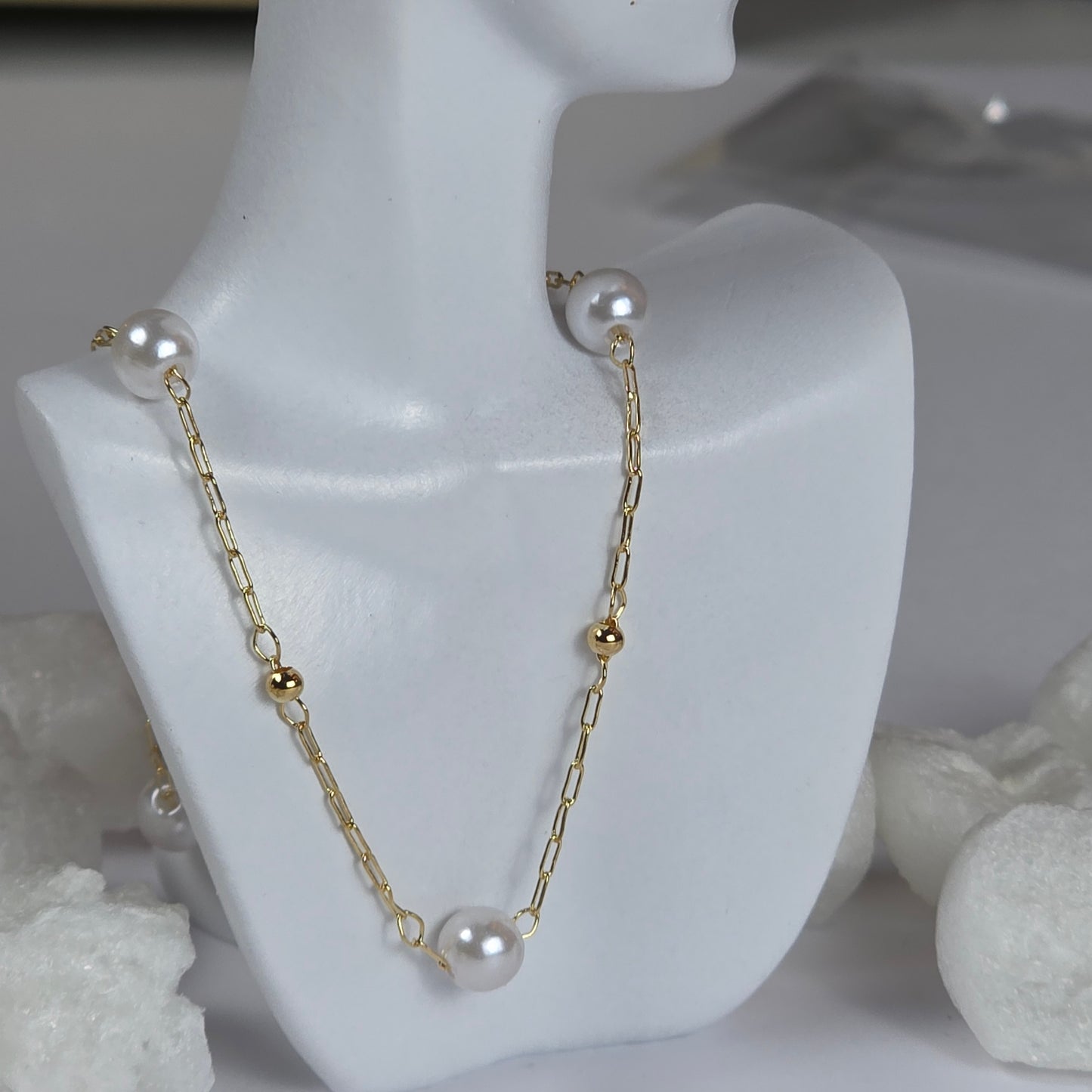 Gold Pearl Link Chain Necklace - Long Layered Necklace with White Pearls and Gold Beads