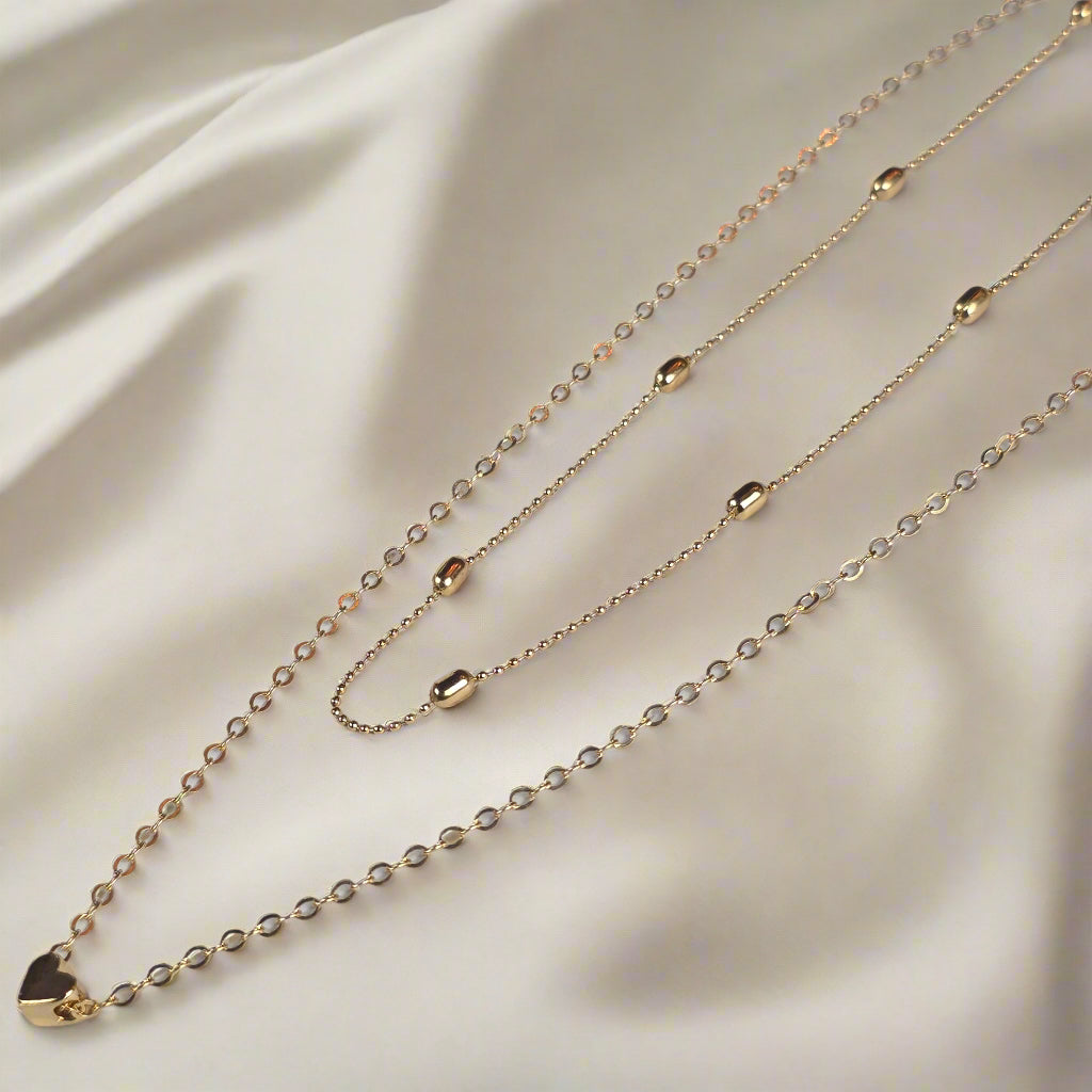 Gold Layered Chain Necklace Set - Multi-Strand Necklace with Heart Pendant and Beaded Chains