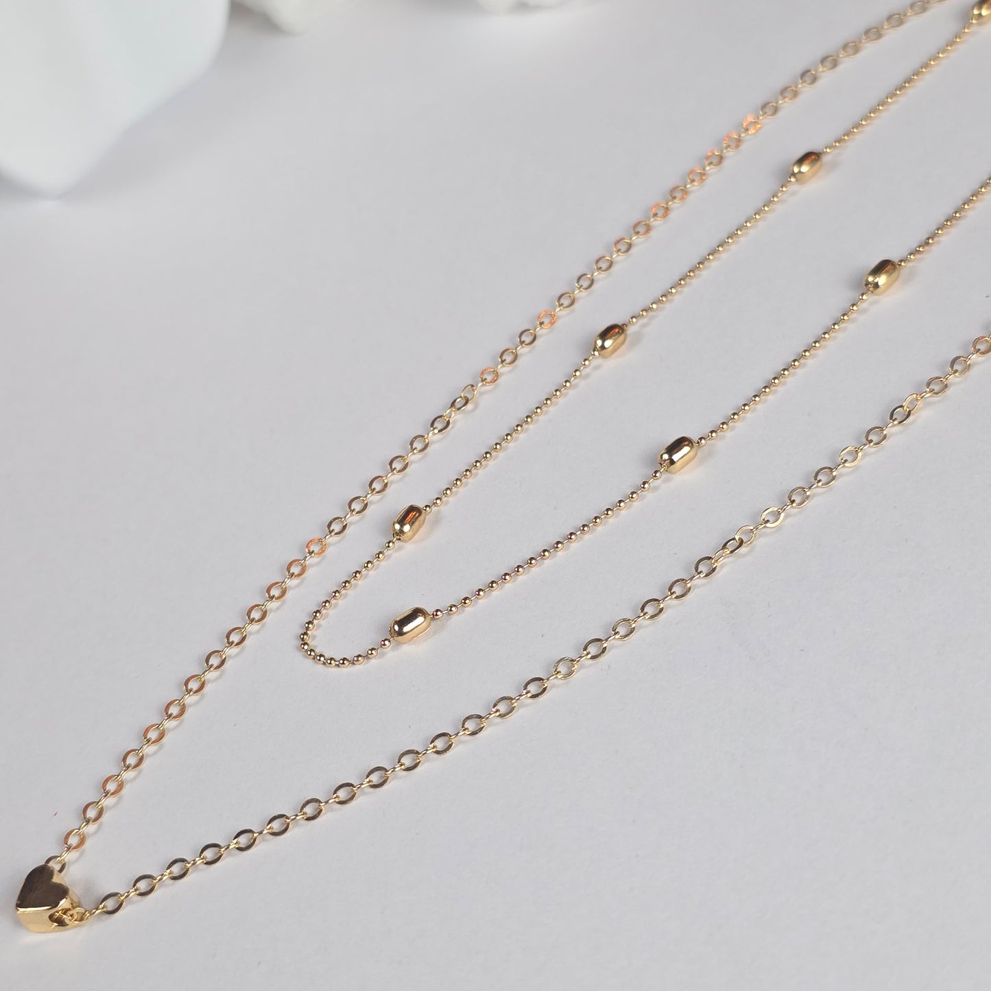Gold Layered Chain Necklace Set - Multi-Strand Necklace with Heart Pendant and Beaded Chains