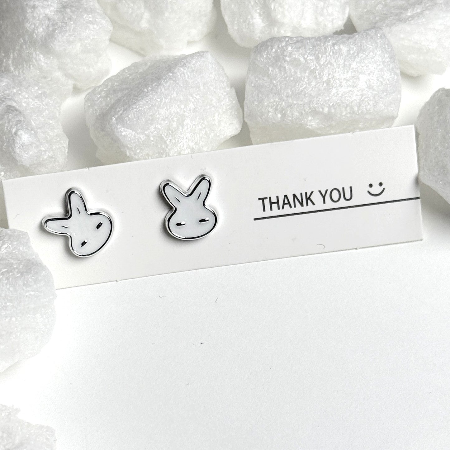 White Enamel Bunny Face Silver Stud Earrings