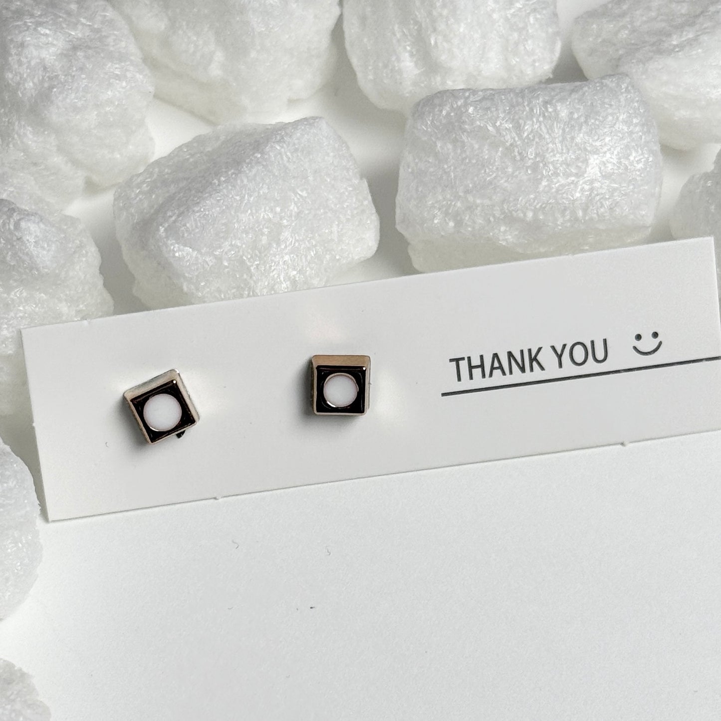 White Enamel Square Golden Frame Stud Earrings G