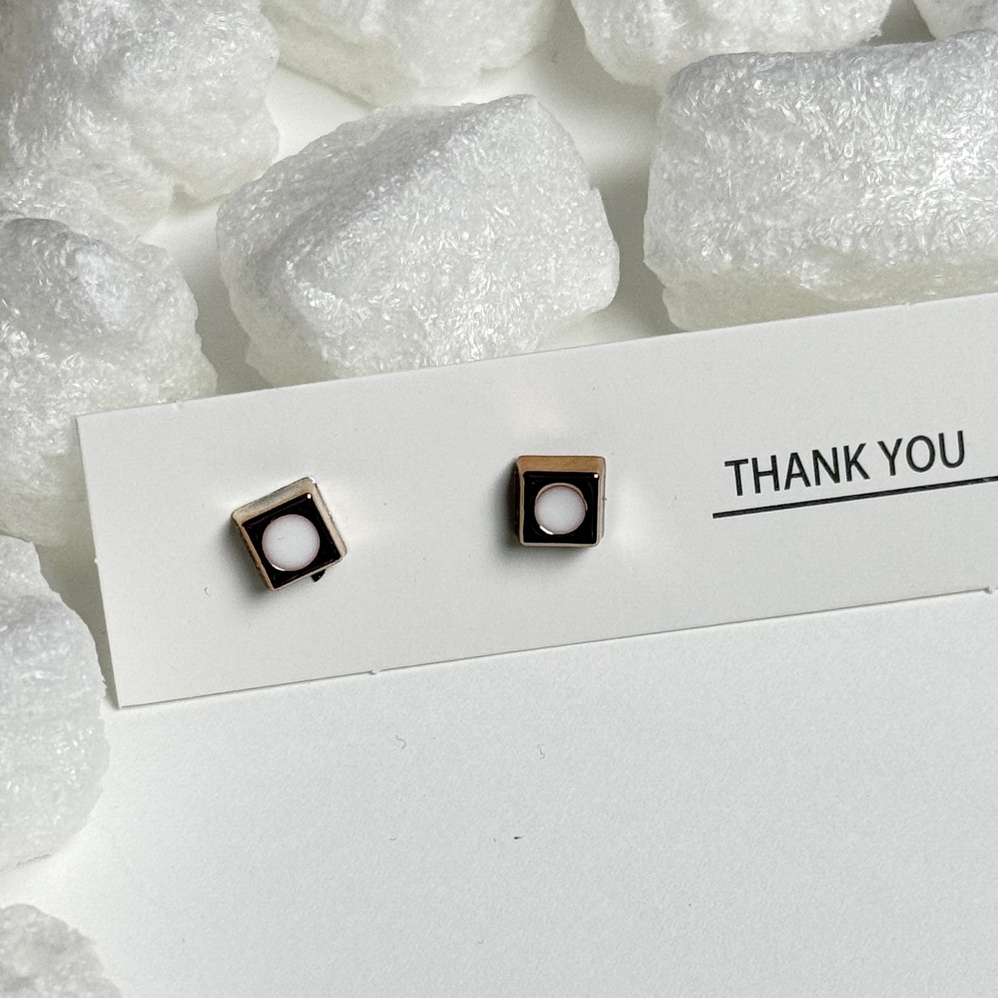 White Enamel Square Golden Frame Stud Earrings G