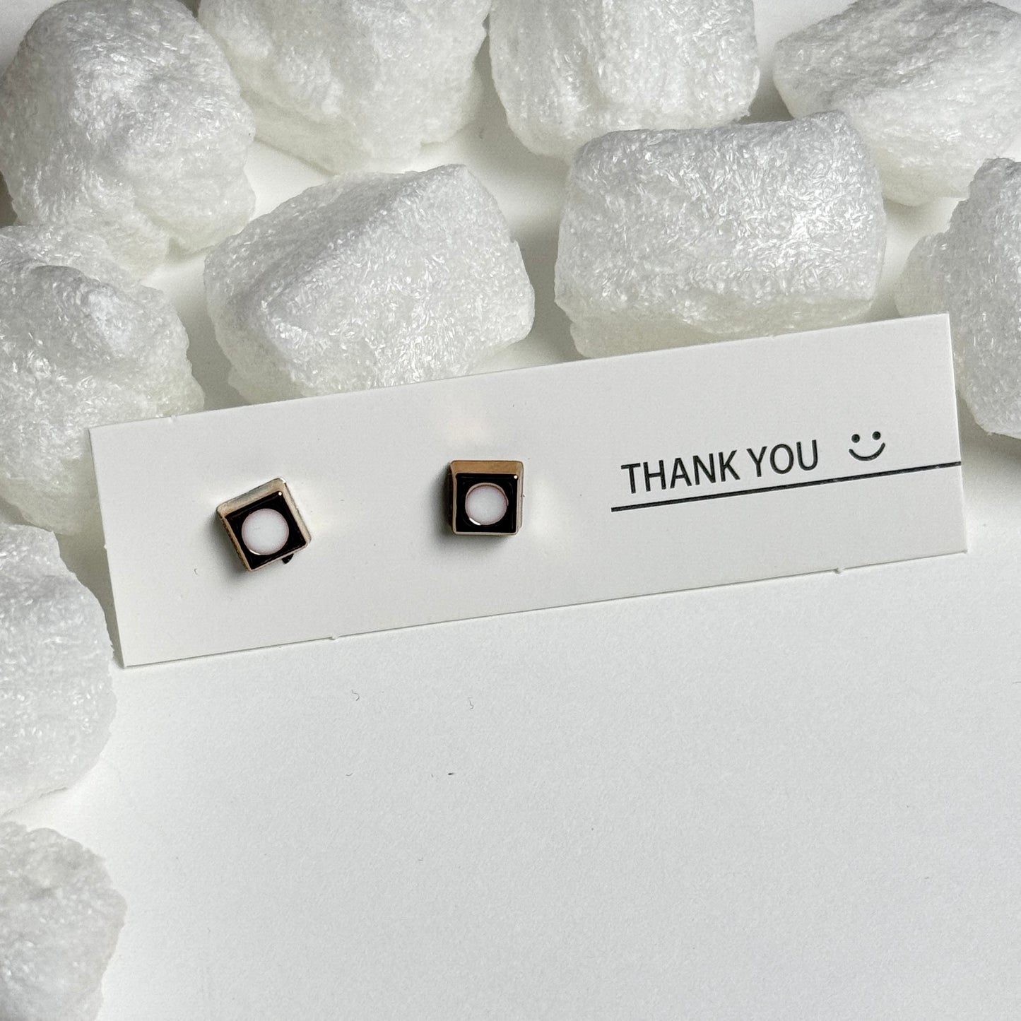 White Enamel Square Golden Frame Stud Earrings G