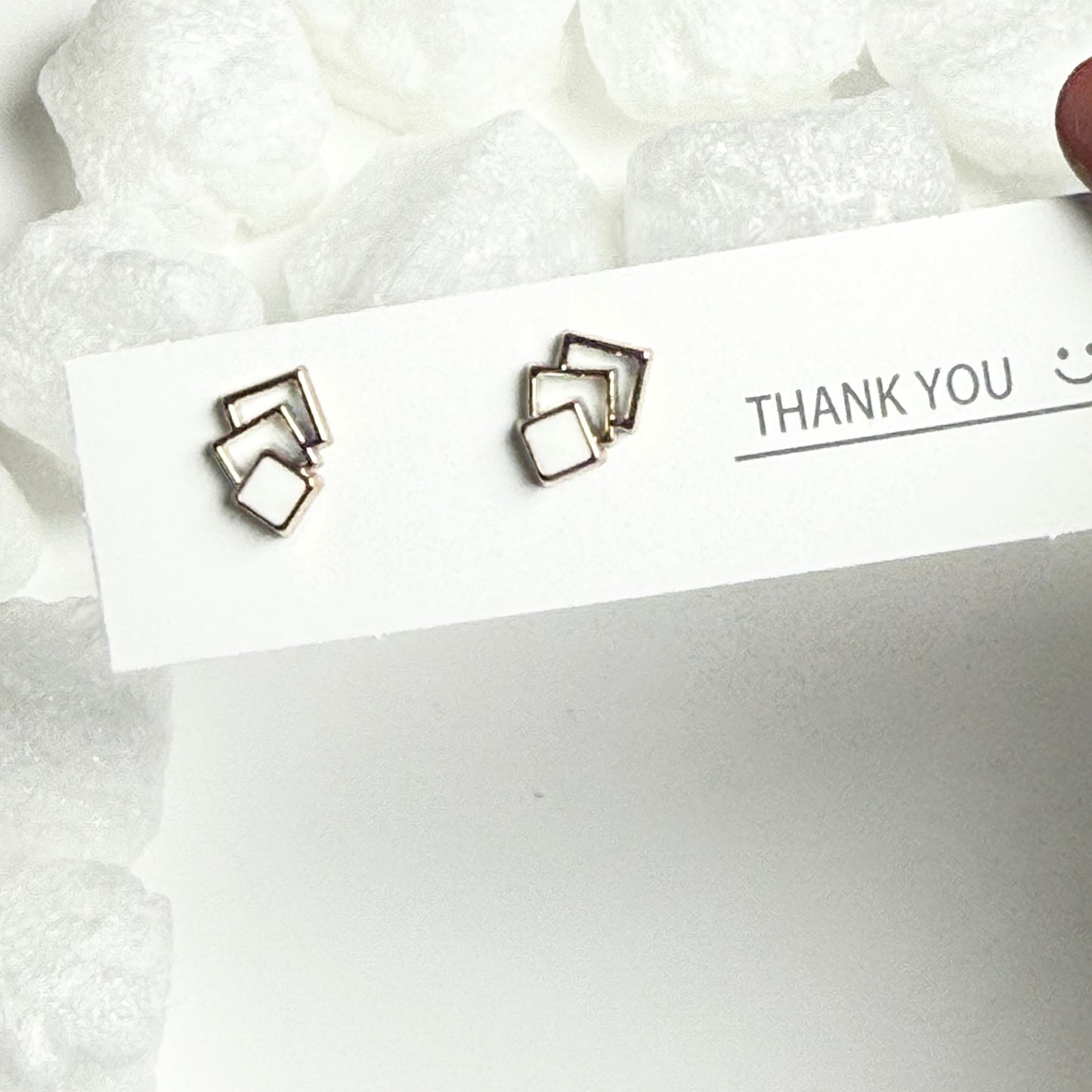 White Enamel Triple Square Silver Frame Stud Earrings F