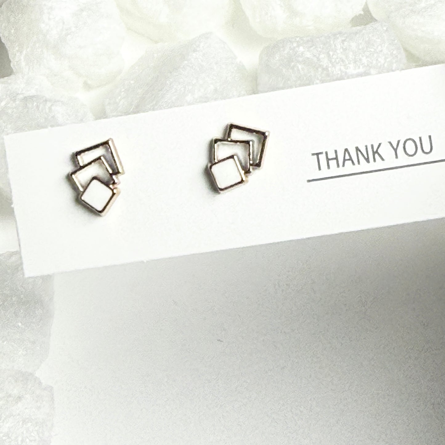 White Enamel Triple Square Silver Frame Stud Earrings F