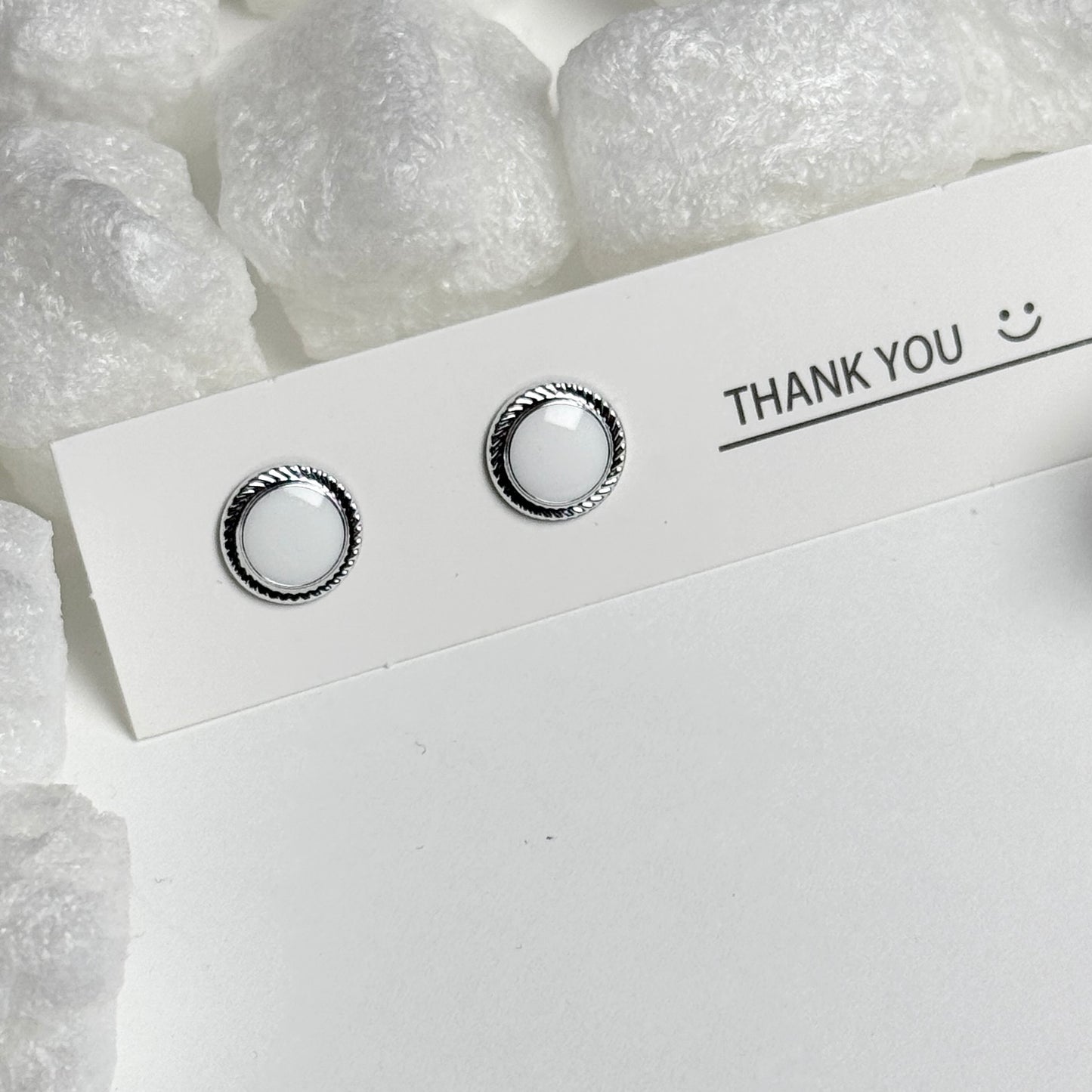 White Enamel Round Rope Border Silver Stud Earrings F