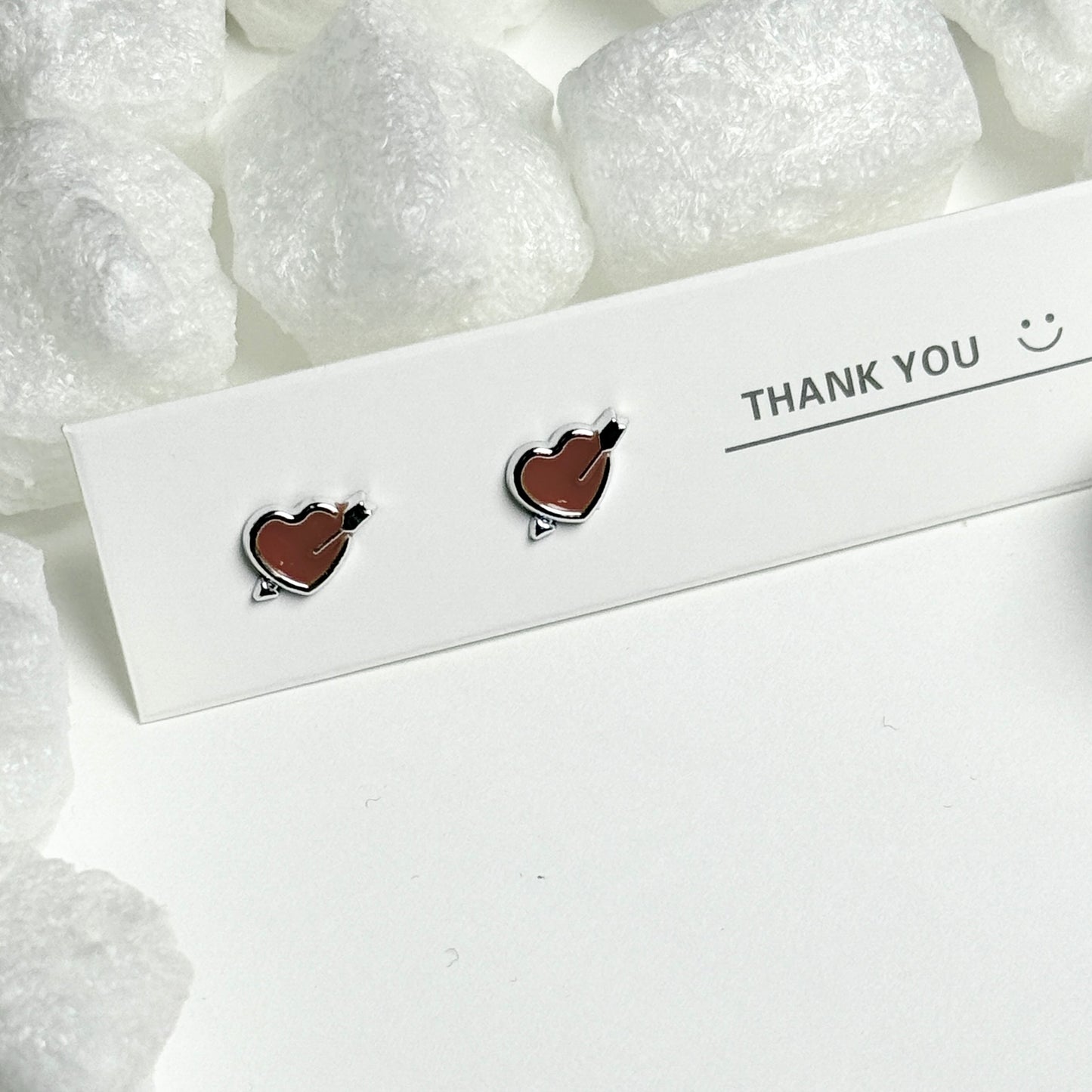 Red Enamel Heart with Arrow Silver Frame Stud Earrings F