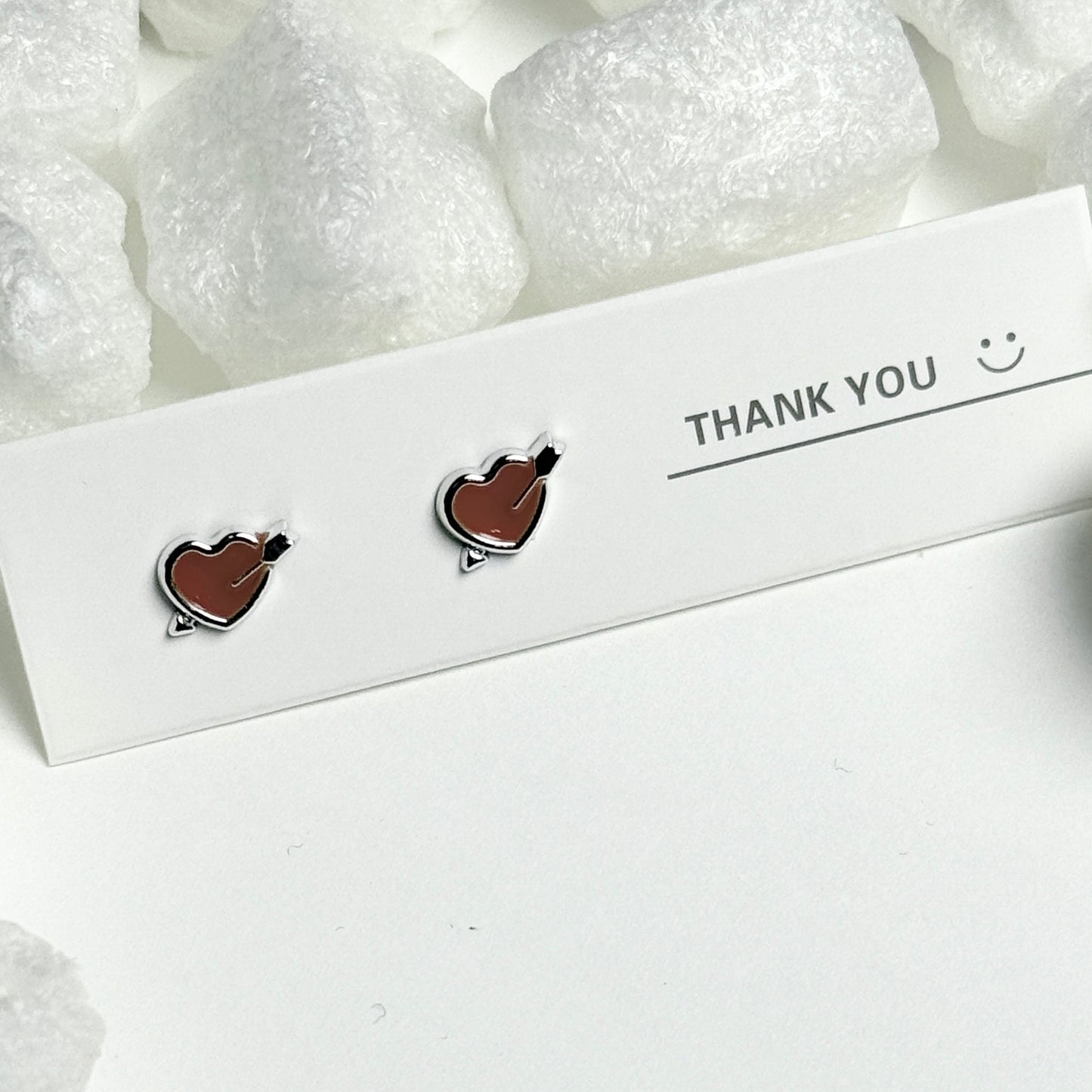 Red Enamel Heart with Arrow Silver Frame Stud Earrings F