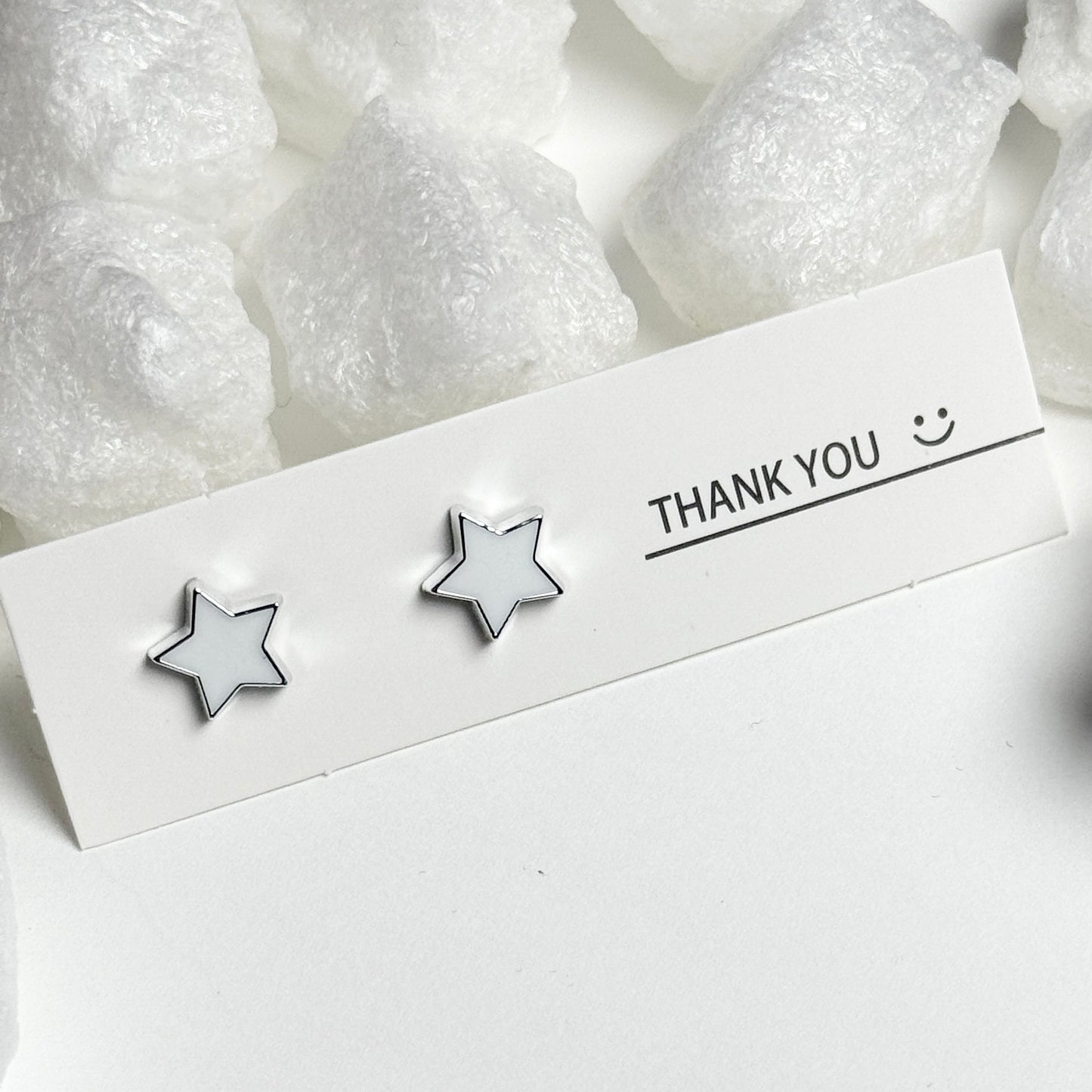 White Enamel Star Silver Frame Round Stud Earrings E
