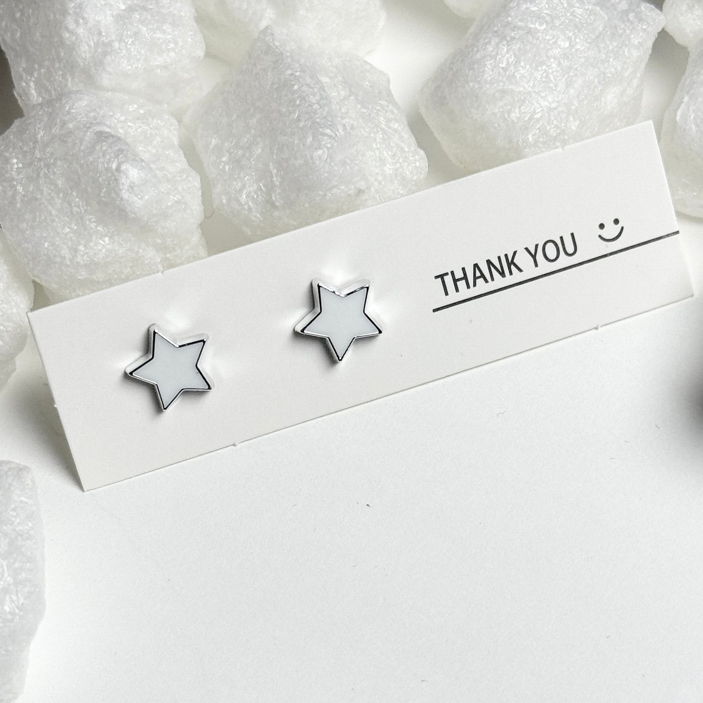White Enamel Star Silver Frame Round Stud Earrings E