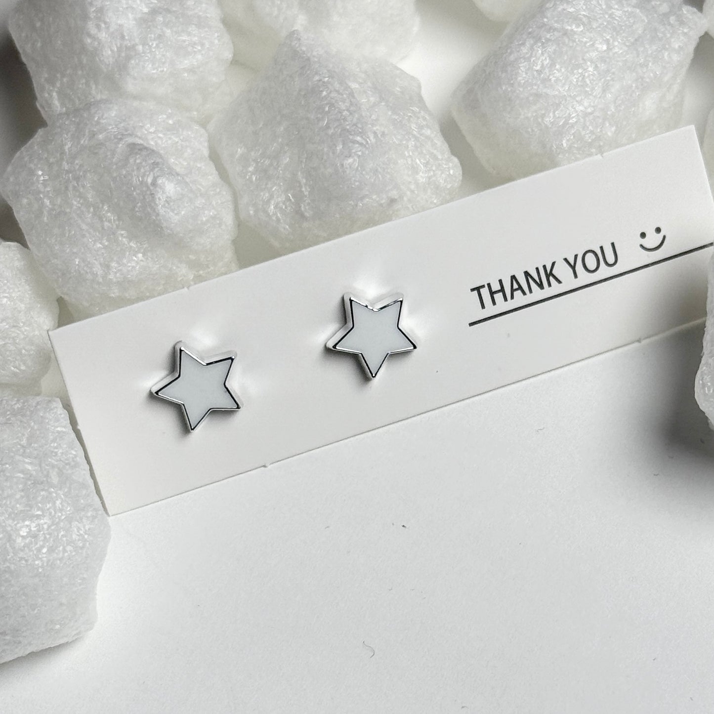 White Enamel Star Silver Frame Round Stud Earrings E