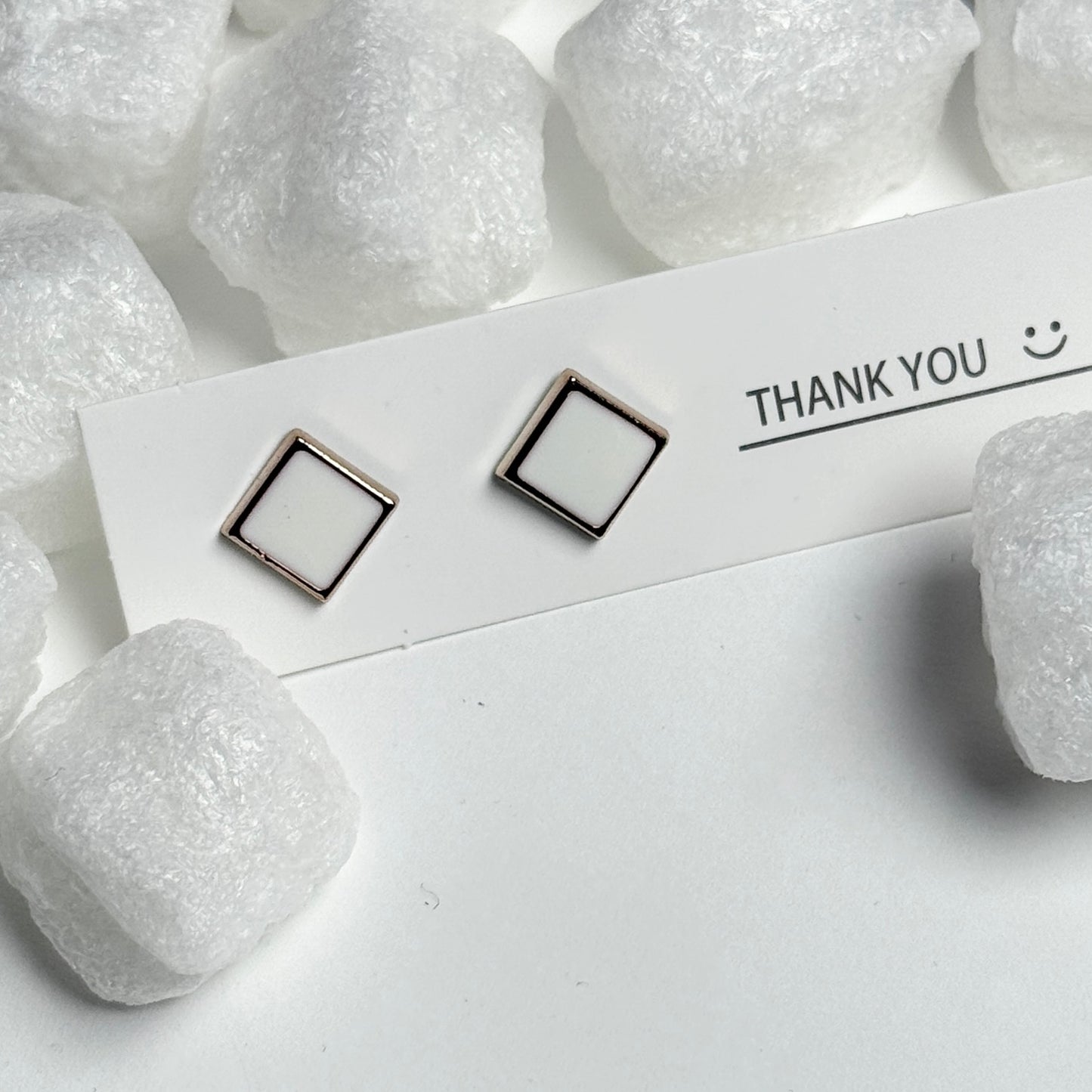 White Enamel Square Rose Gold Frame Stud Earrings E