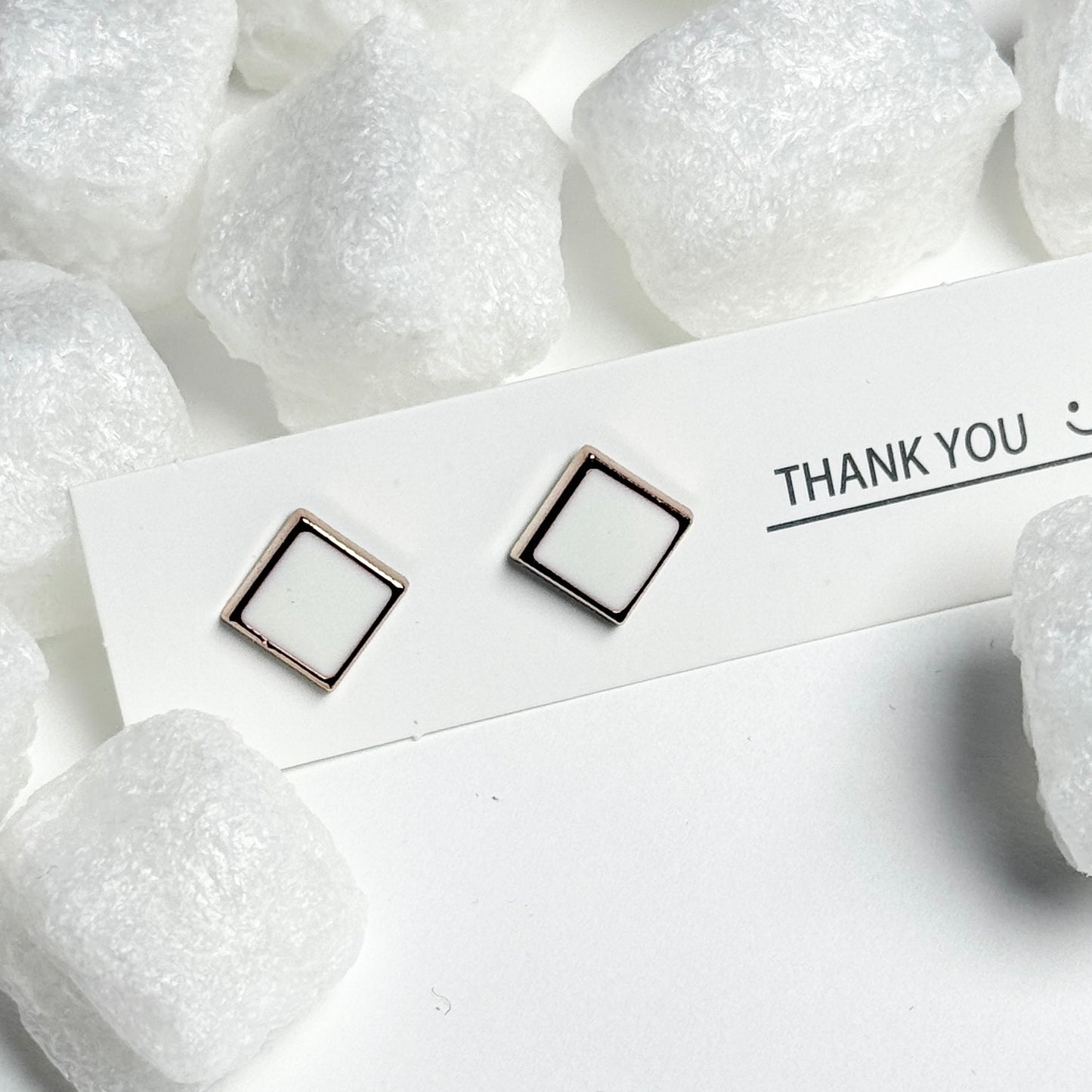 White Enamel Square Rose Gold Frame Stud Earrings E