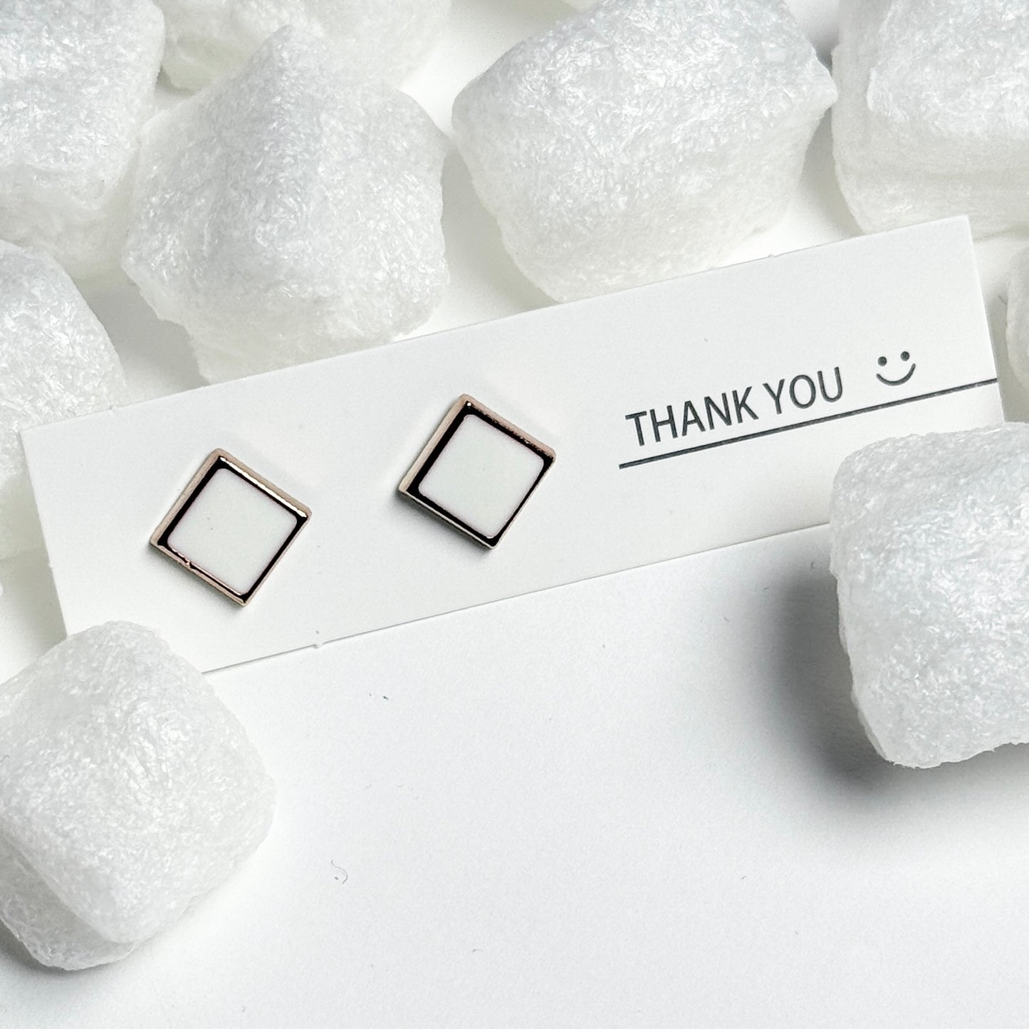 White Enamel Square Rose Gold Frame Stud Earrings E