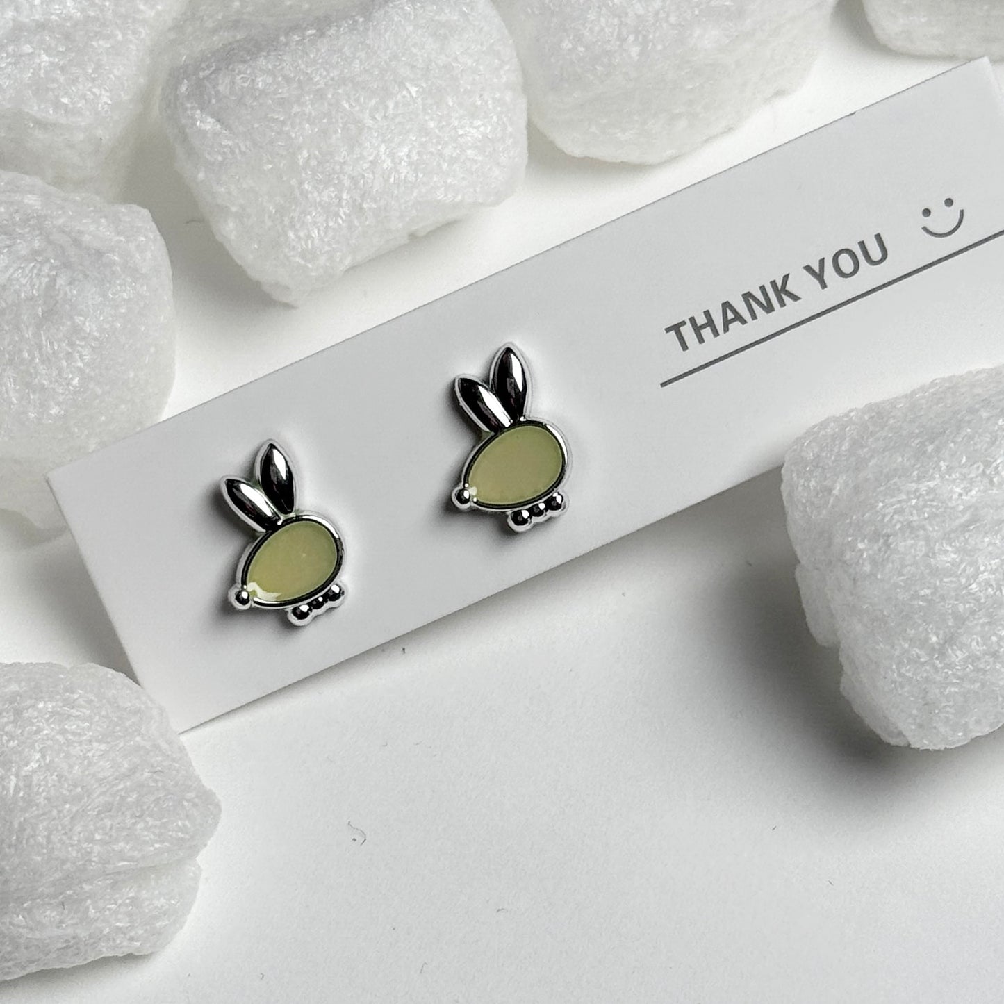 Green Enamel Bunny Face Silver Stud Earrings E