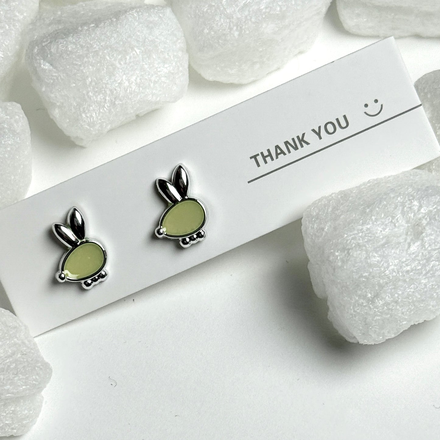 Green Enamel Bunny Face Silver Stud Earrings E