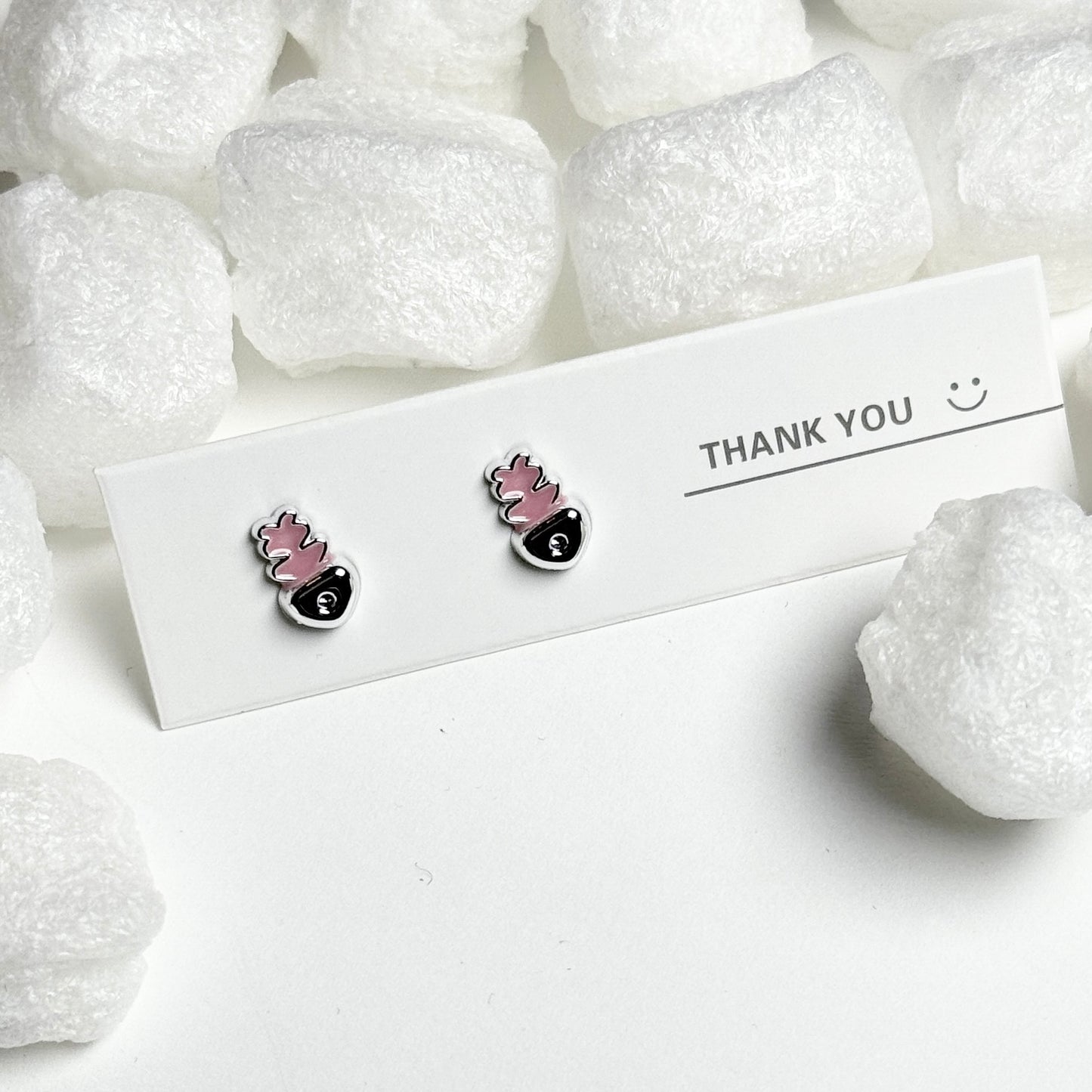 Pink Enamel Pineapple Black Base Silver Frame Stud Earrings E