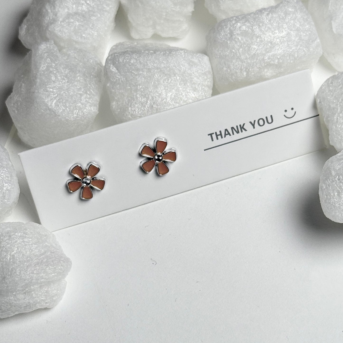 Brown Enamel Daisy Flower Silver Frame Stud Earrings E