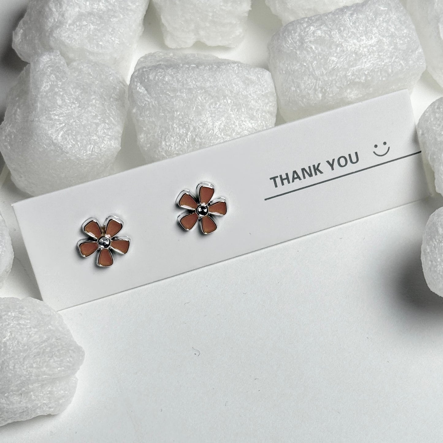 Brown Enamel Daisy Flower Silver Frame Stud Earrings E