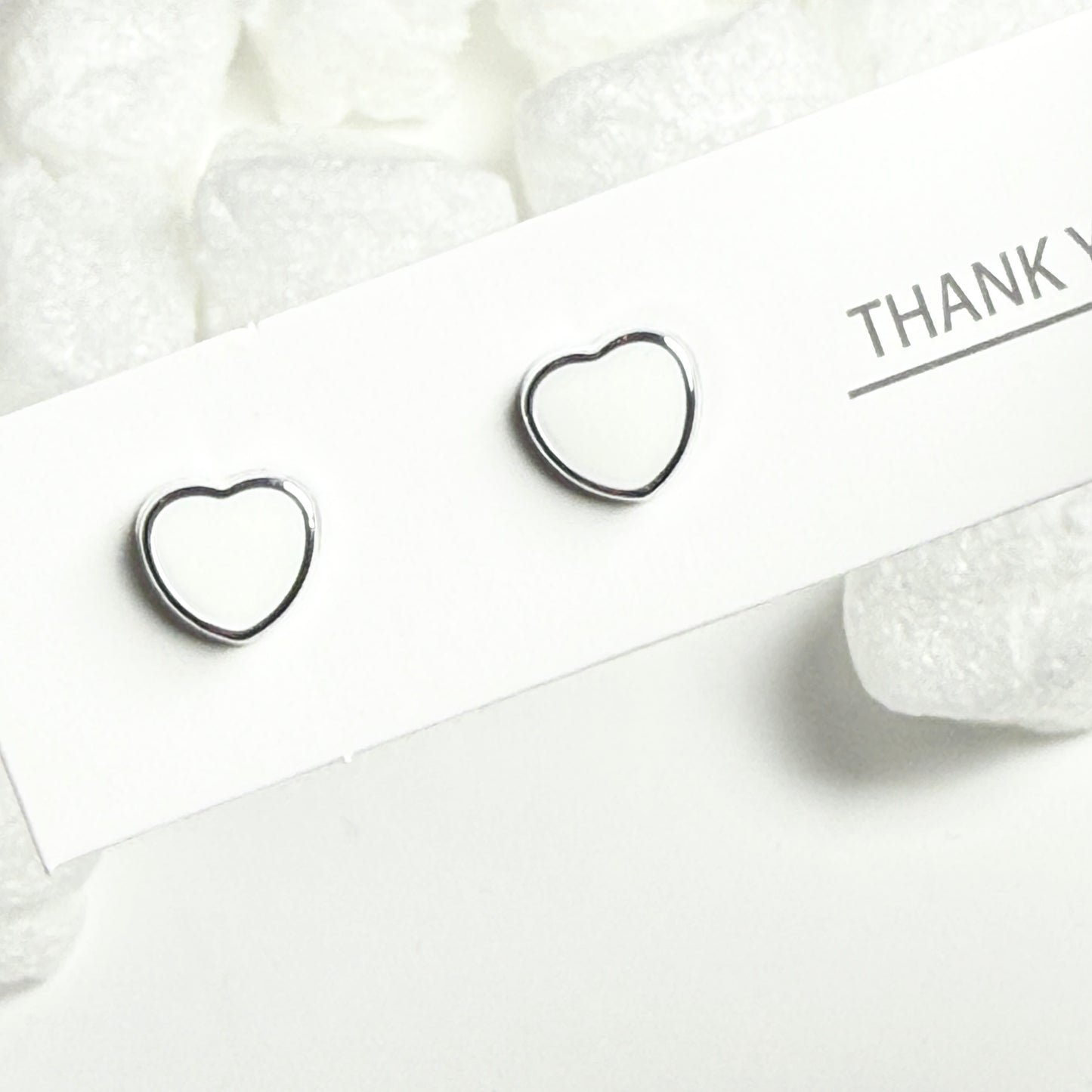 White Enamel Heart Silver Frame Stud Earrings E