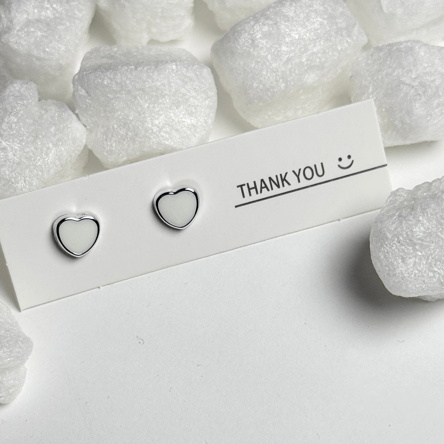 White Enamel Heart Silver Frame Stud Earrings E