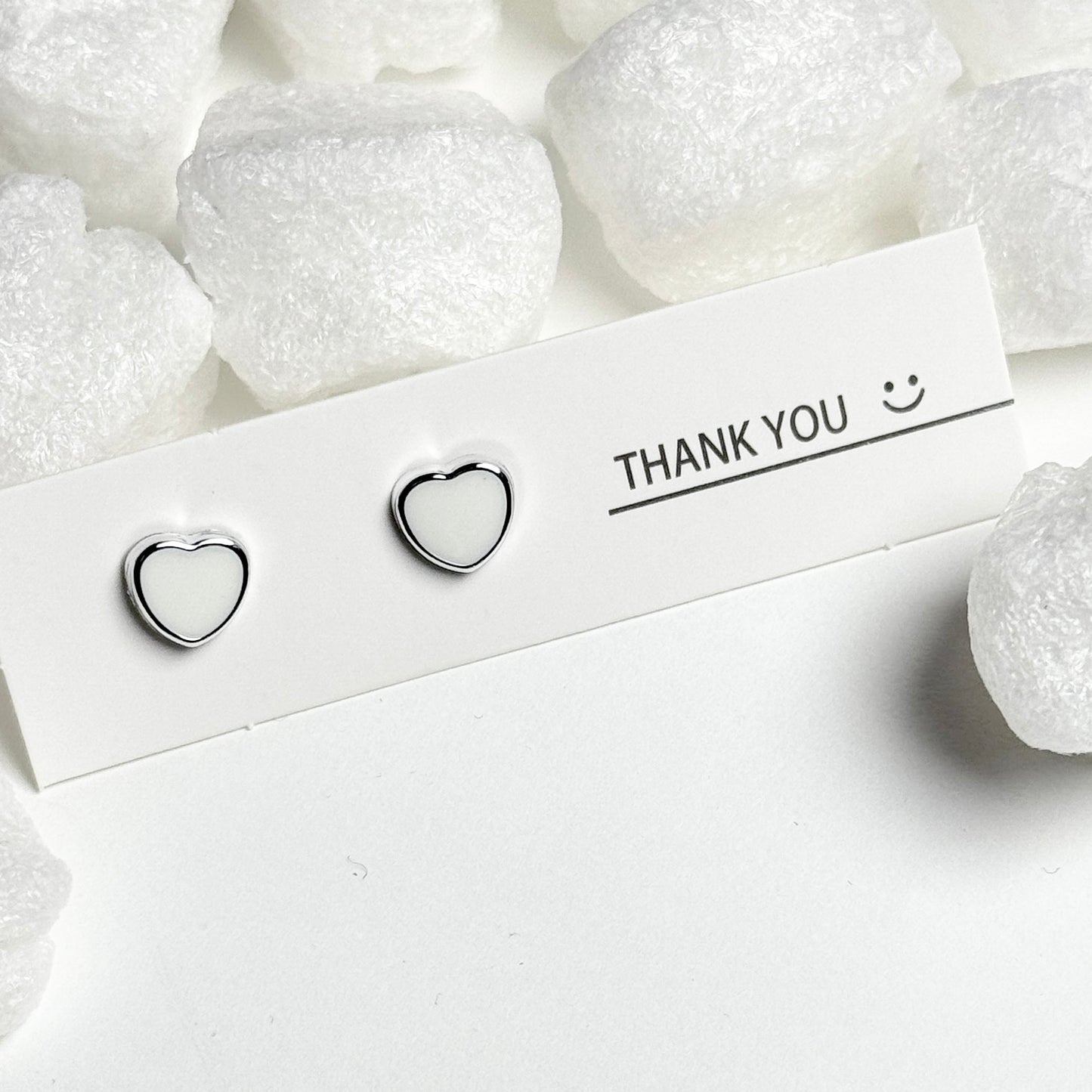 White Enamel Heart Silver Frame Stud Earrings E
