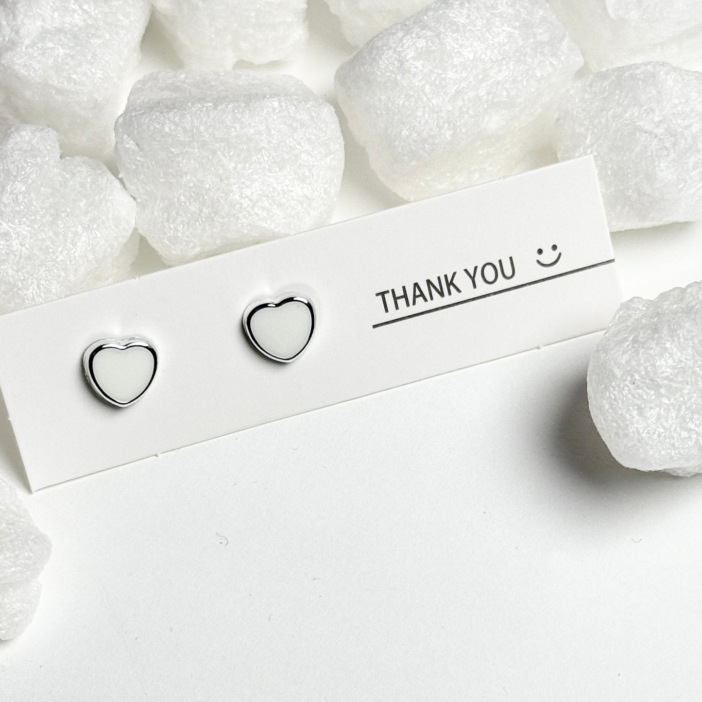 White Enamel Heart Silver Frame Stud Earrings E