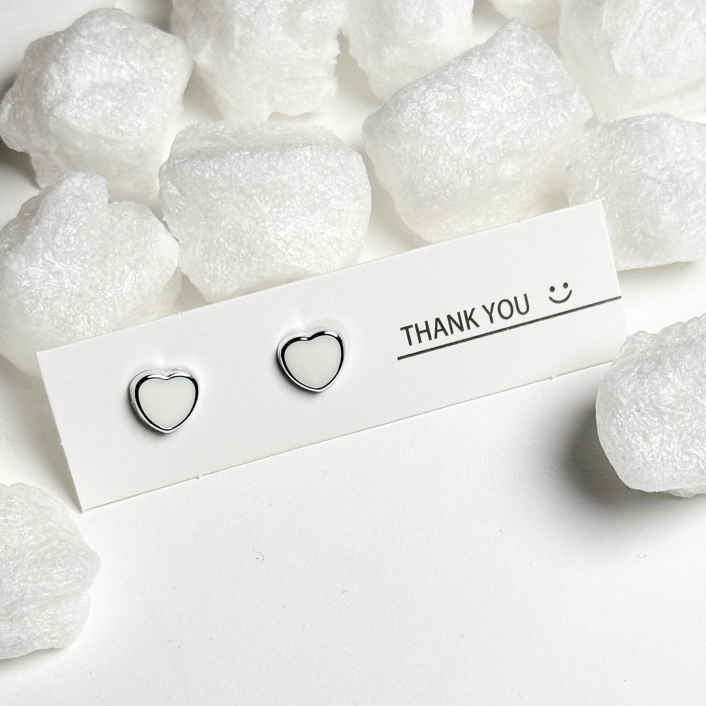 White Enamel Heart Silver Frame Stud Earrings E