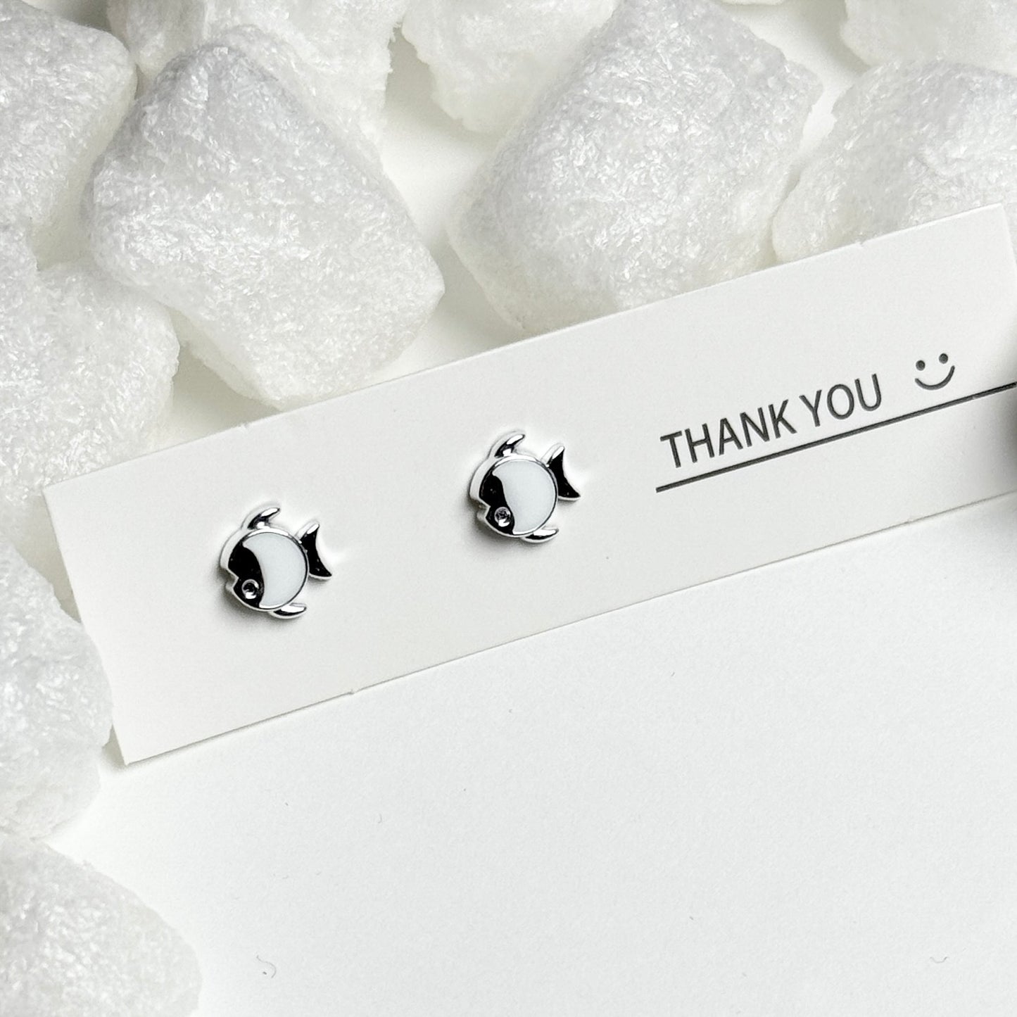 White Enamel Fish Silver Frame Stud Earrings D