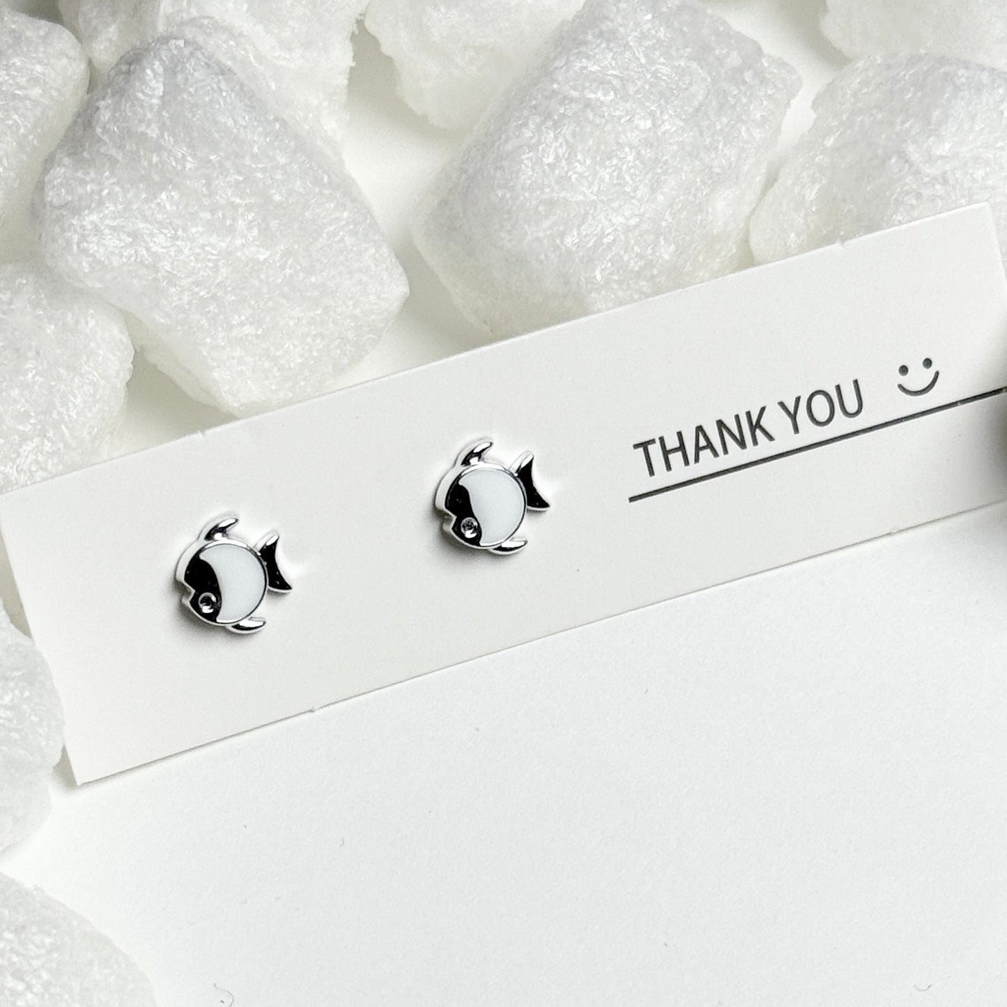White Enamel Fish Silver Frame Stud Earrings D