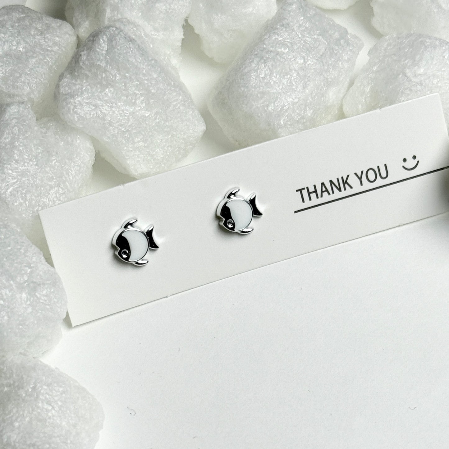 White Enamel Fish Silver Frame Stud Earrings D