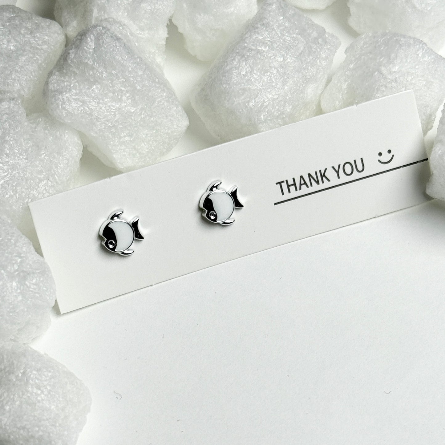 White Enamel Fish Silver Frame Stud Earrings D