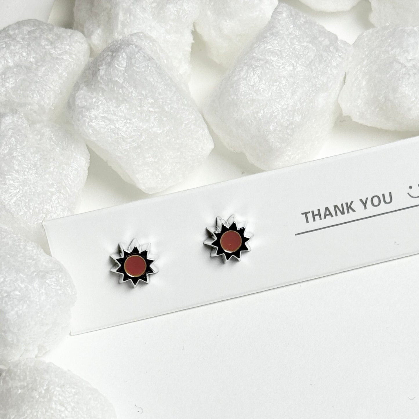 Brown Enamel Sun Silver Frame Stud Earrings D