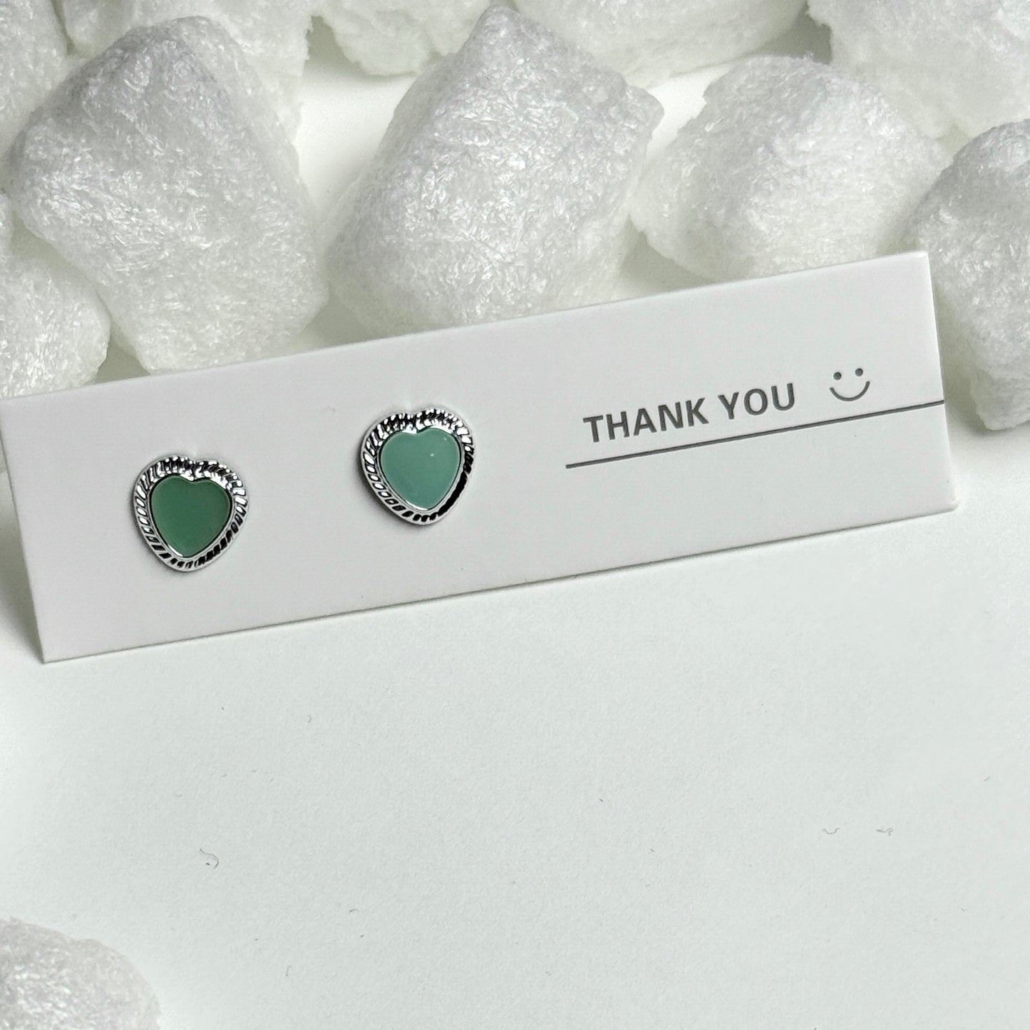 Green Enamel Heart Rope Border Silver Stud Earrings D
