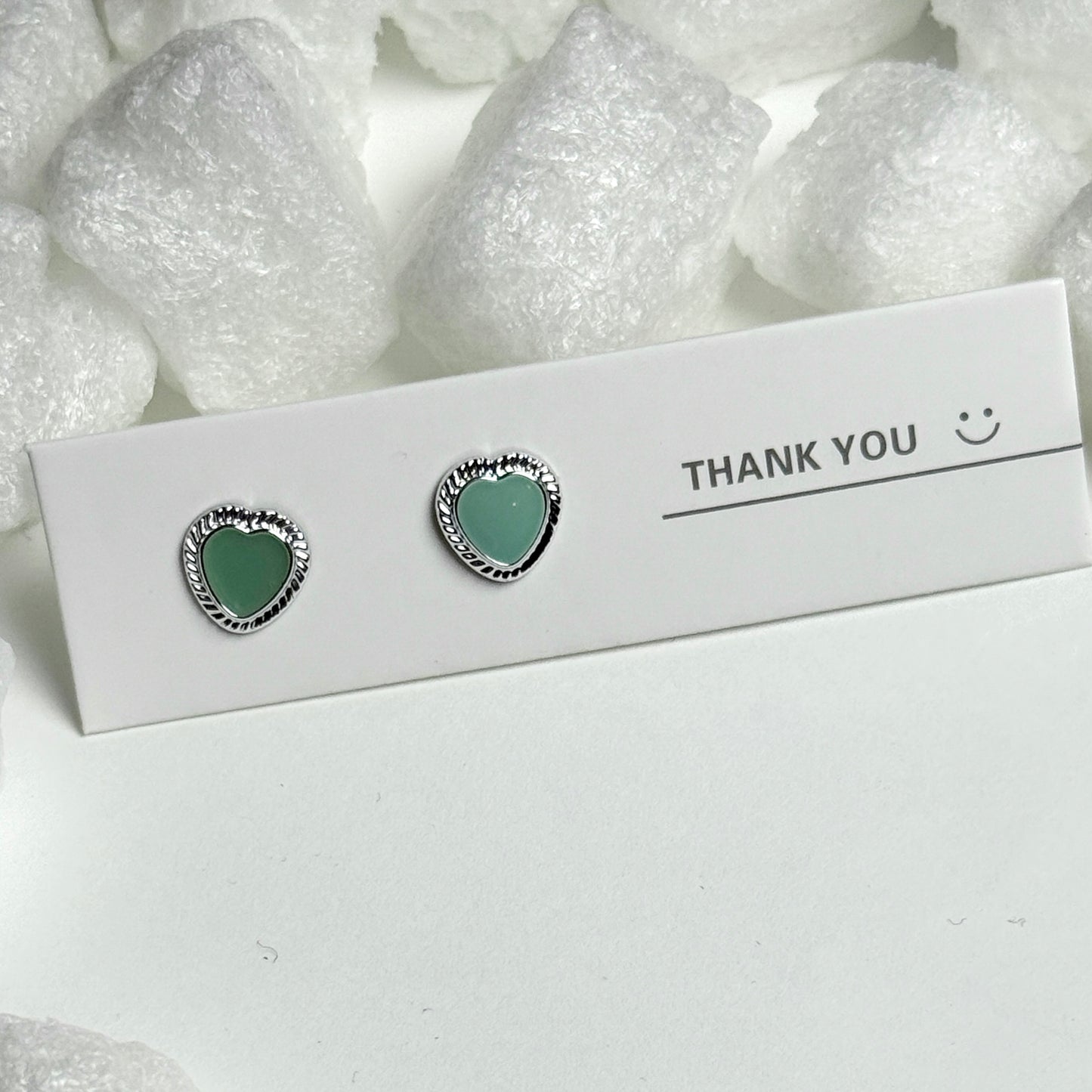Green Enamel Heart Rope Border Silver Stud Earrings D