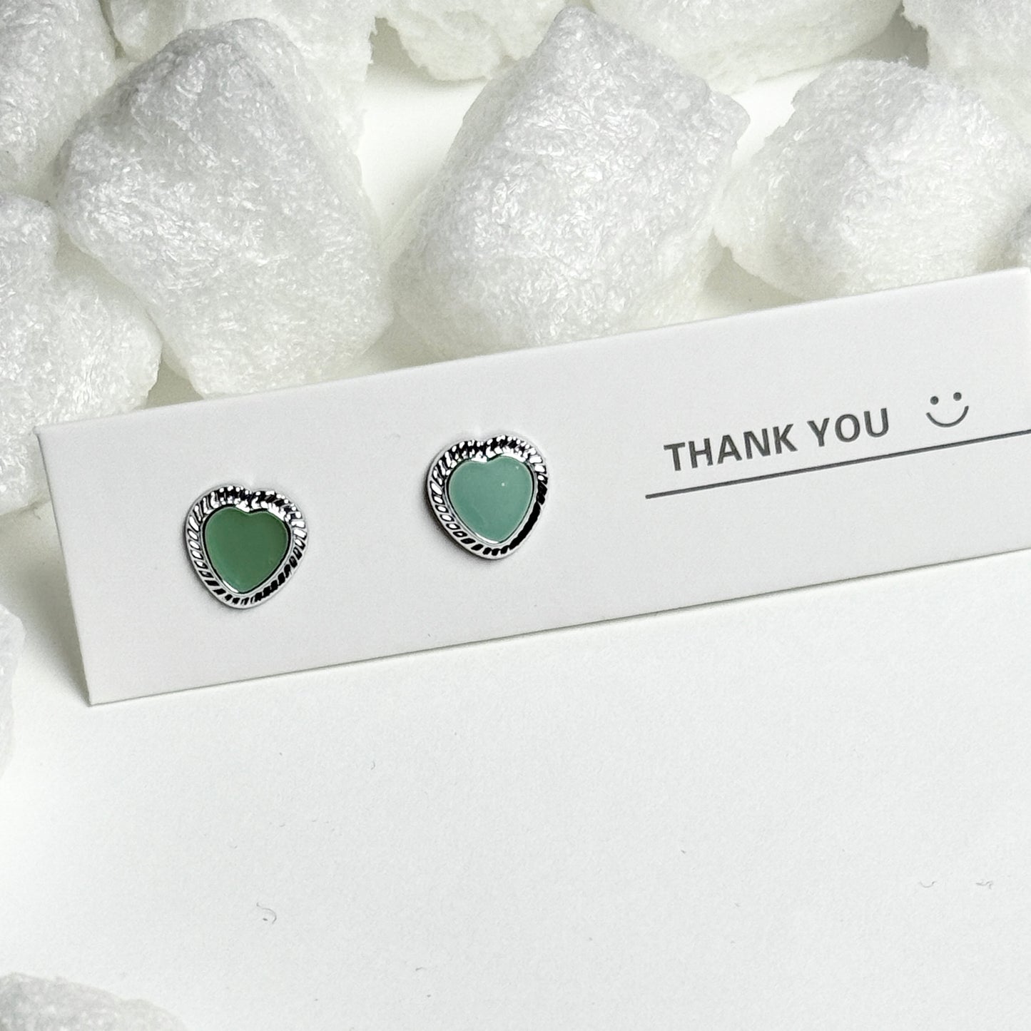 Green Enamel Heart Rope Border Silver Stud Earrings D