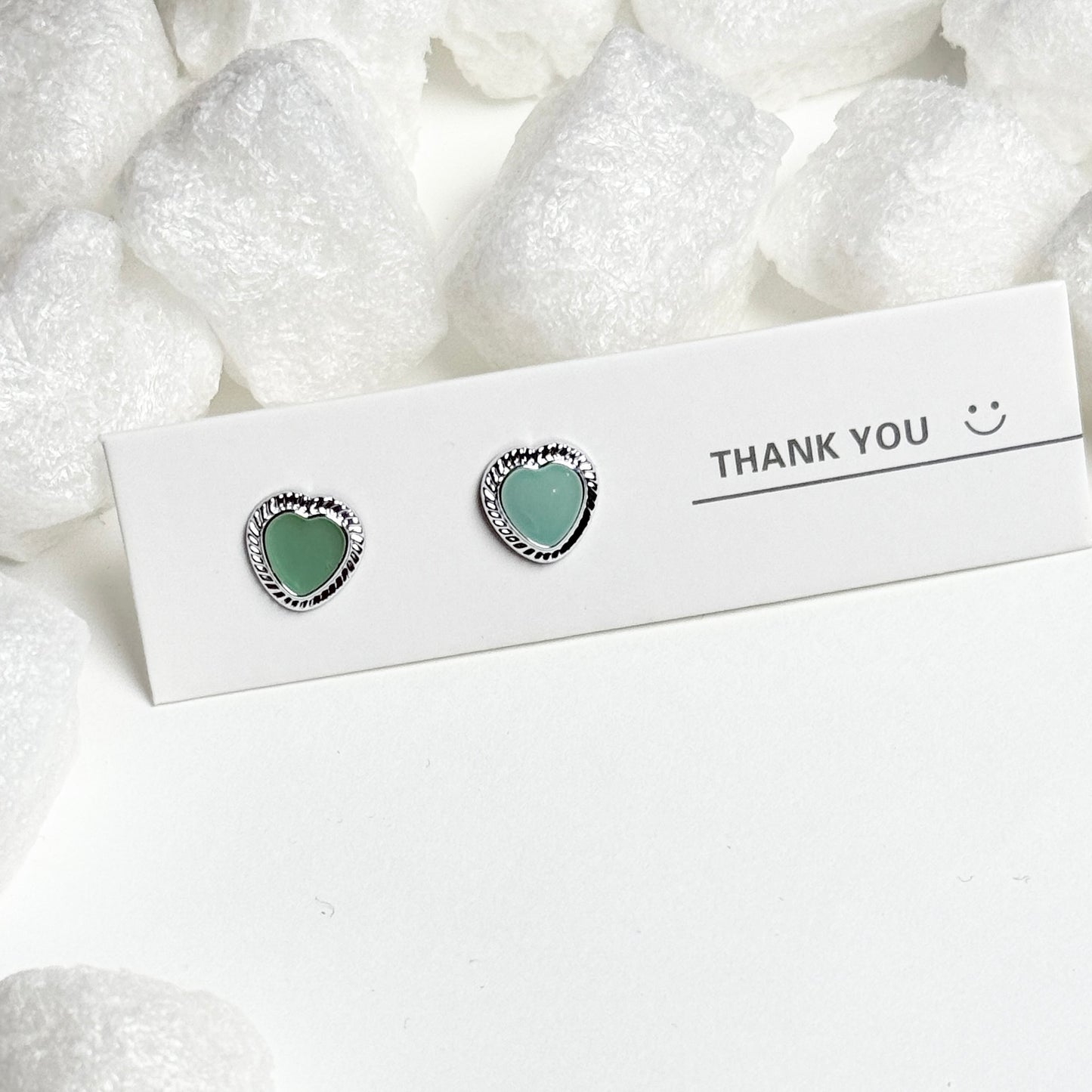 Green Enamel Heart Rope Border Silver Stud Earrings D