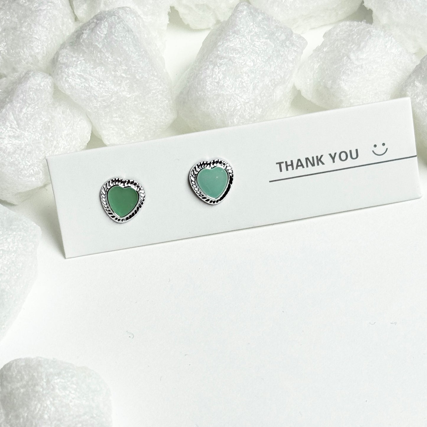 Green Enamel Heart Rope Border Silver Stud Earrings D