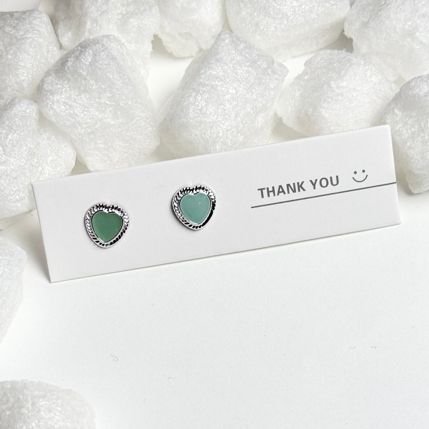 Green Enamel Heart Rope Border Silver Stud Earrings D