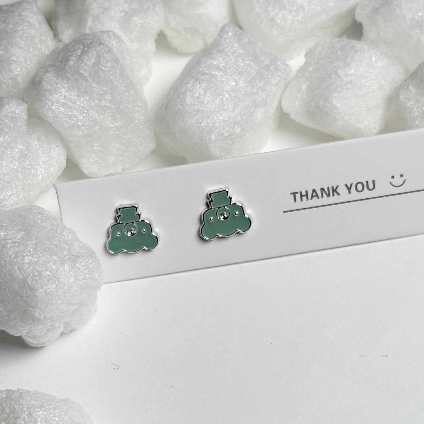 Green Enamel Cactus Silver Frame Stud Earrings D