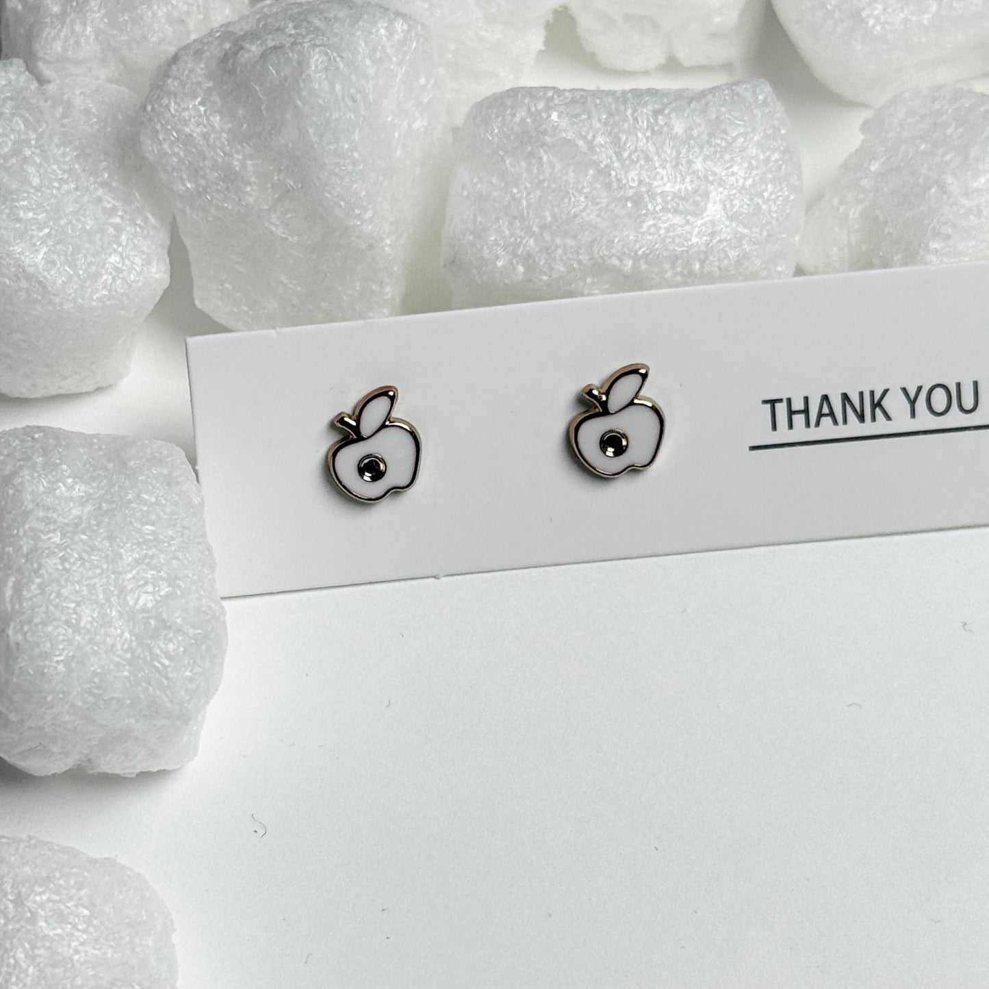 White Enamel Apple Silver Frame Stud Earrings D