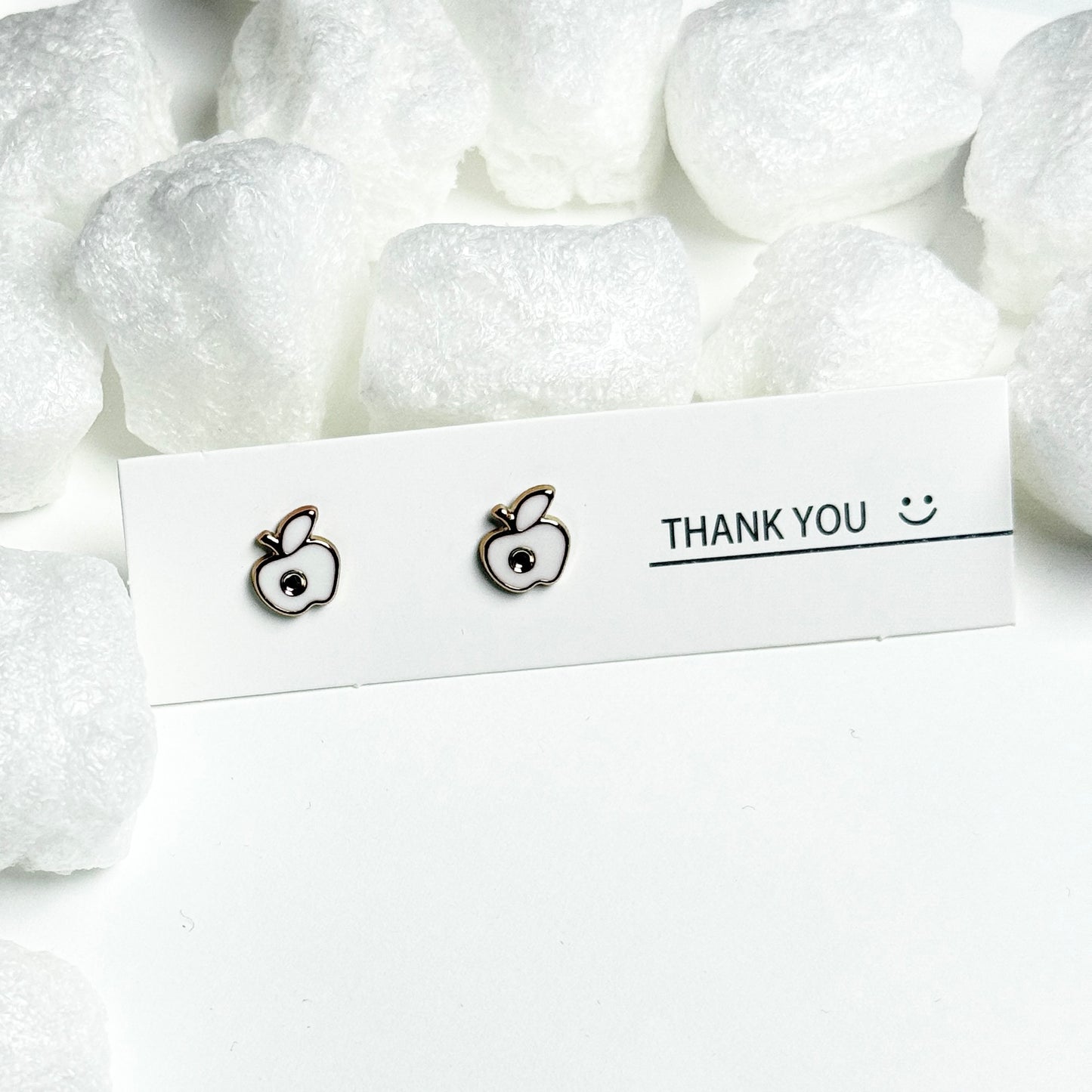 White Enamel Apple Silver Frame Stud Earrings D