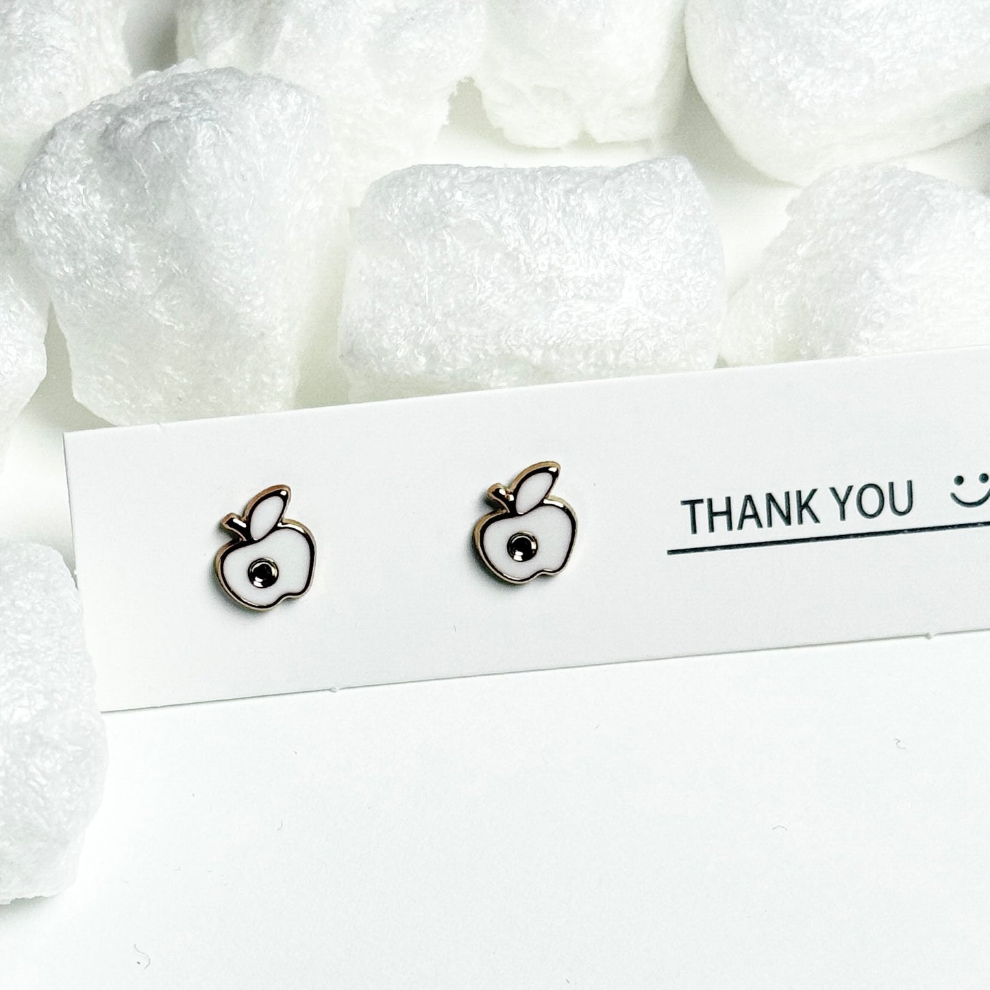 White Enamel Apple Silver Frame Stud Earrings D