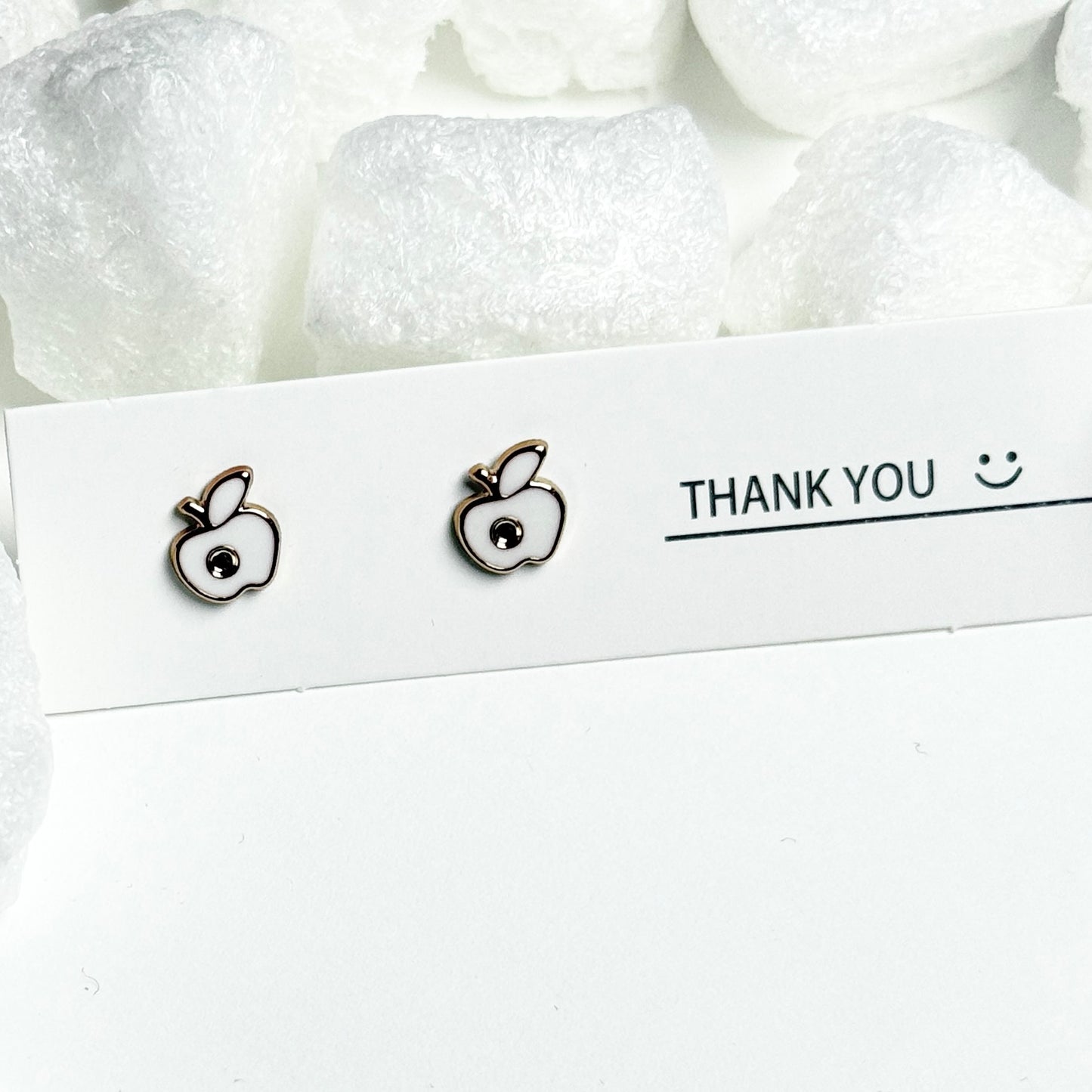 White Enamel Apple Silver Frame Stud Earrings D