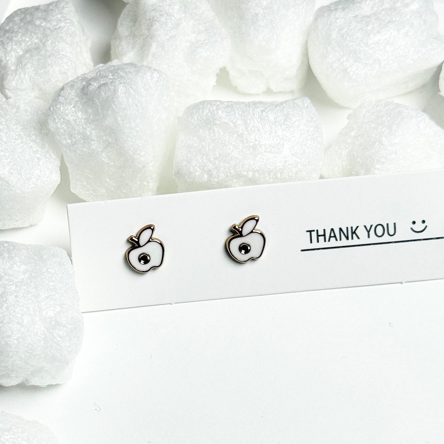 White Enamel Apple Silver Frame Stud Earrings D