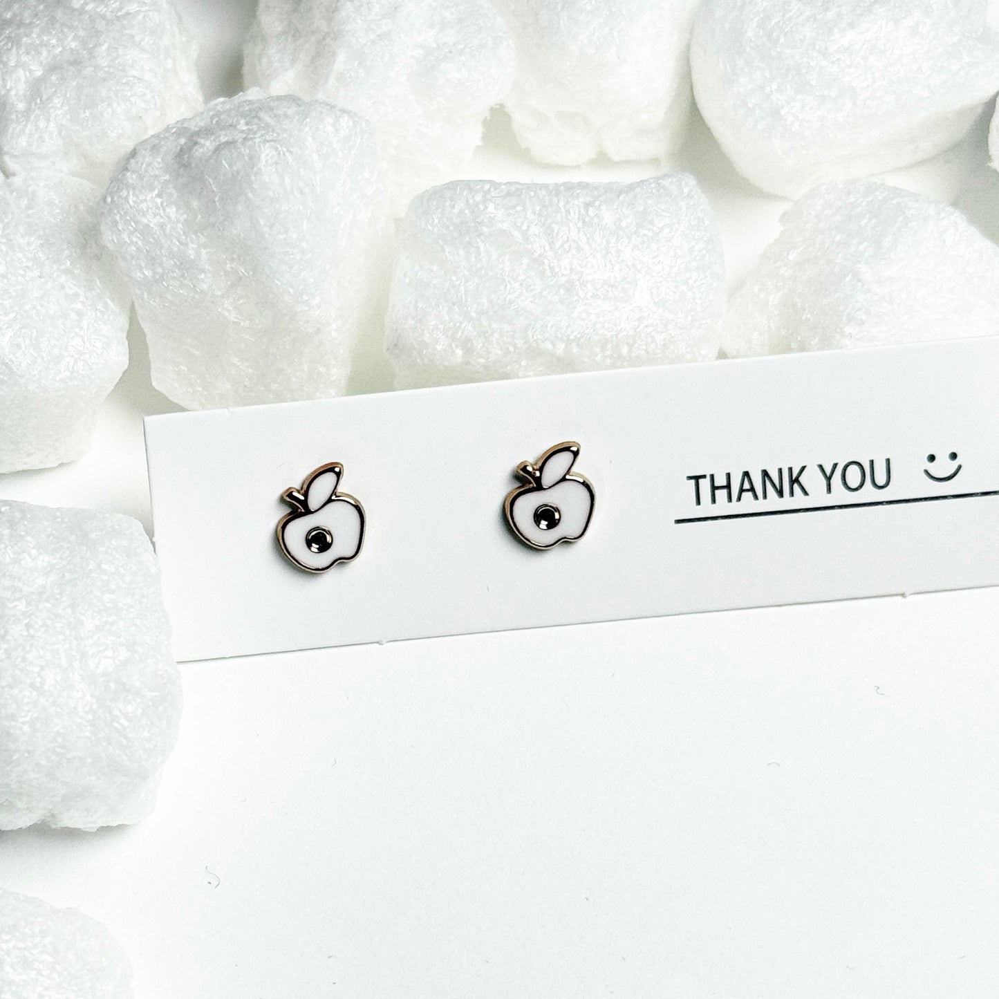 White Enamel Apple Silver Frame Stud Earrings D
