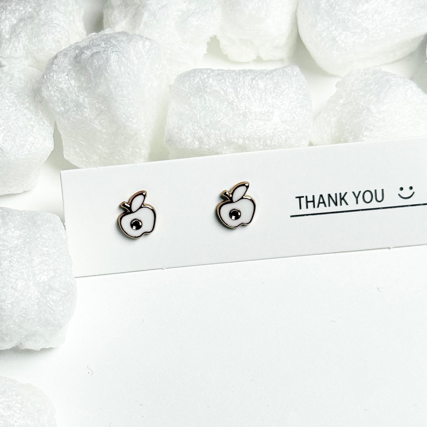 White Enamel Apple Silver Frame Stud Earrings D