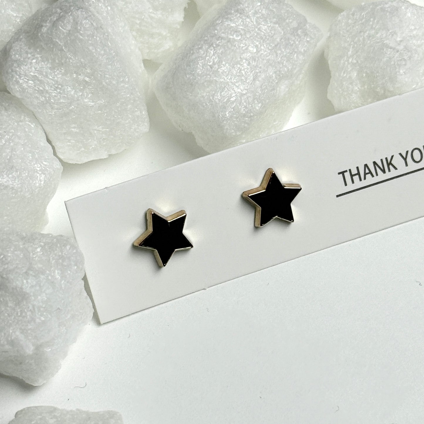Black Enamel Star Gold Frame Stud Earrings D