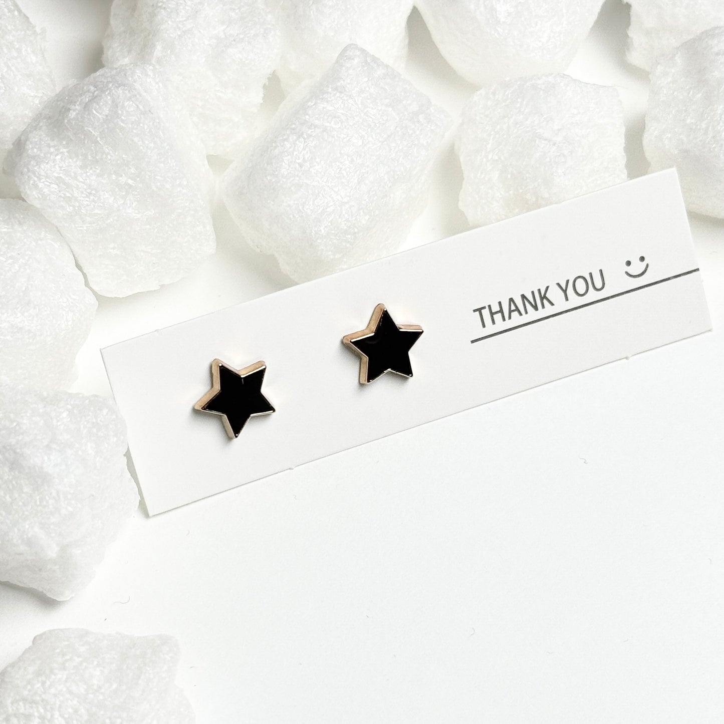 Black Enamel Star Gold Frame Stud Earrings D