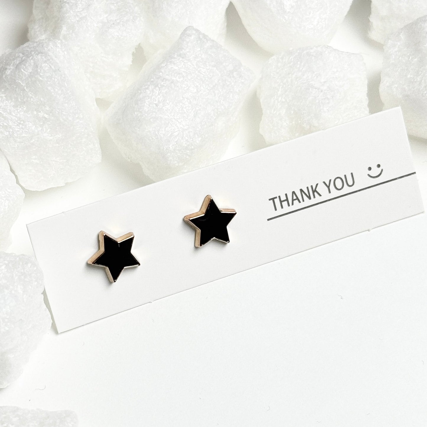 Black Enamel Star Gold Frame Stud Earrings D
